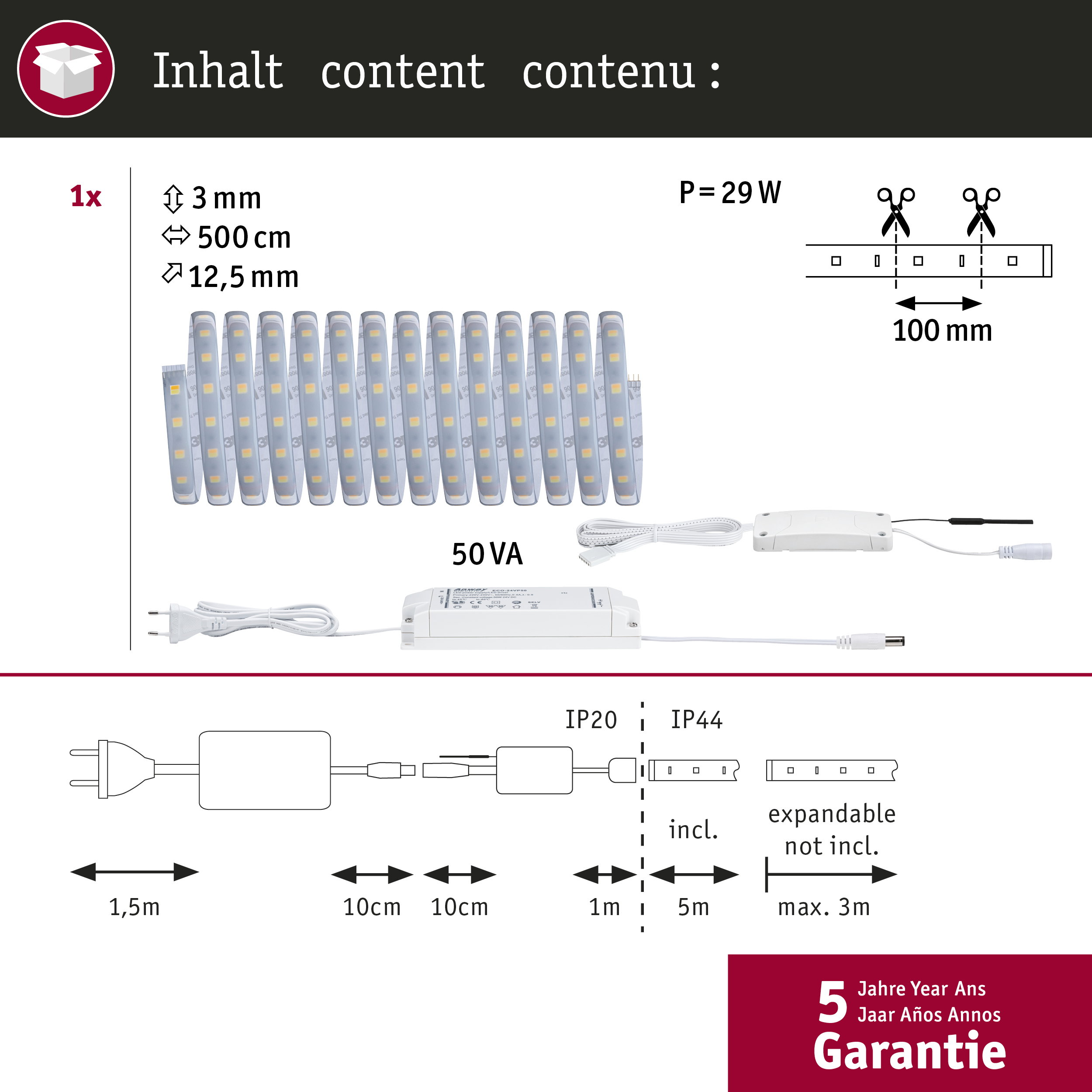 Zawartość produktu z taśmą LED, zasilaczem, kablem przyłączeniowym i wymiarami.