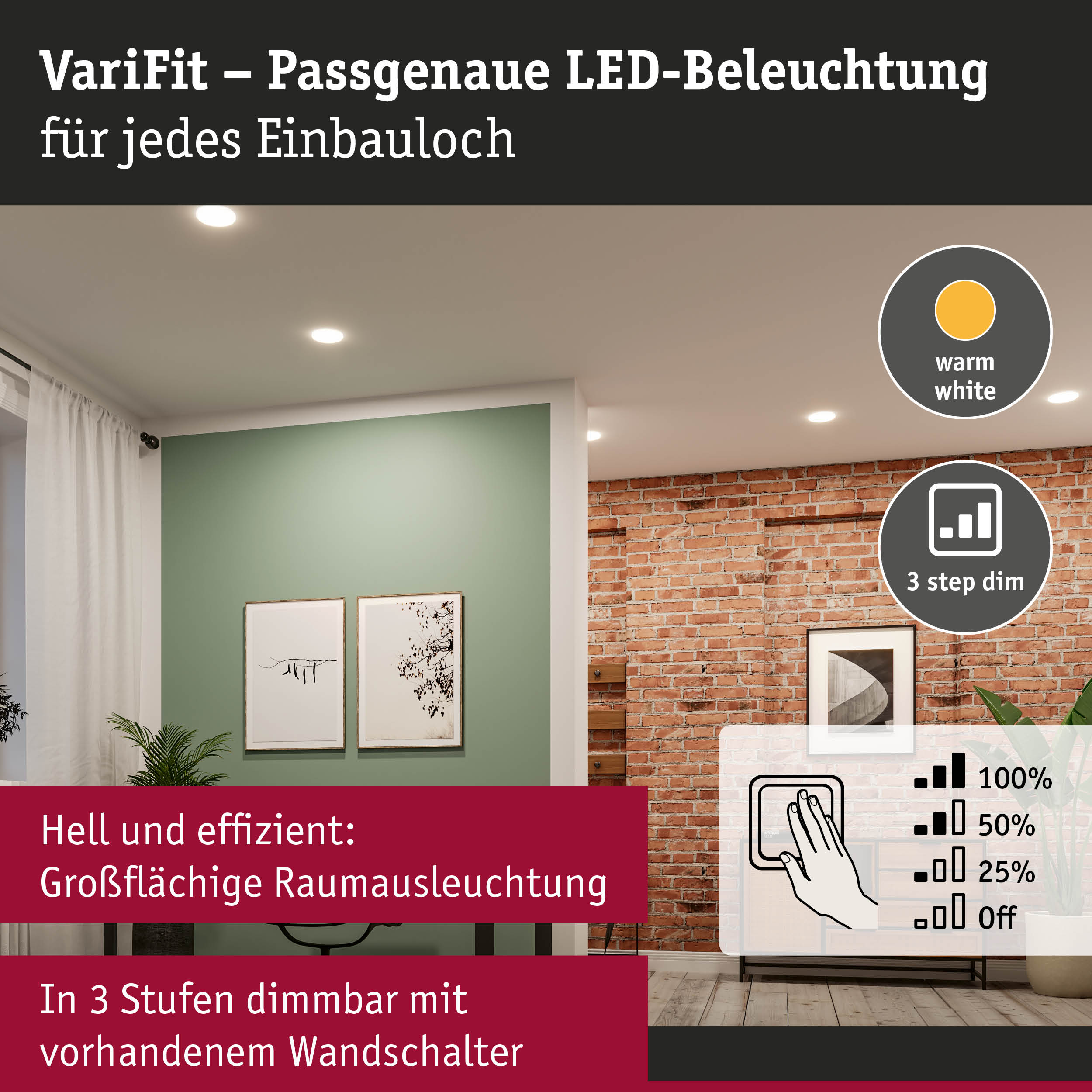 Moderne LED-Einbauleuchten in Zimmer mit grüner Wand, Backsteinwand und Dimm-Grafiken.