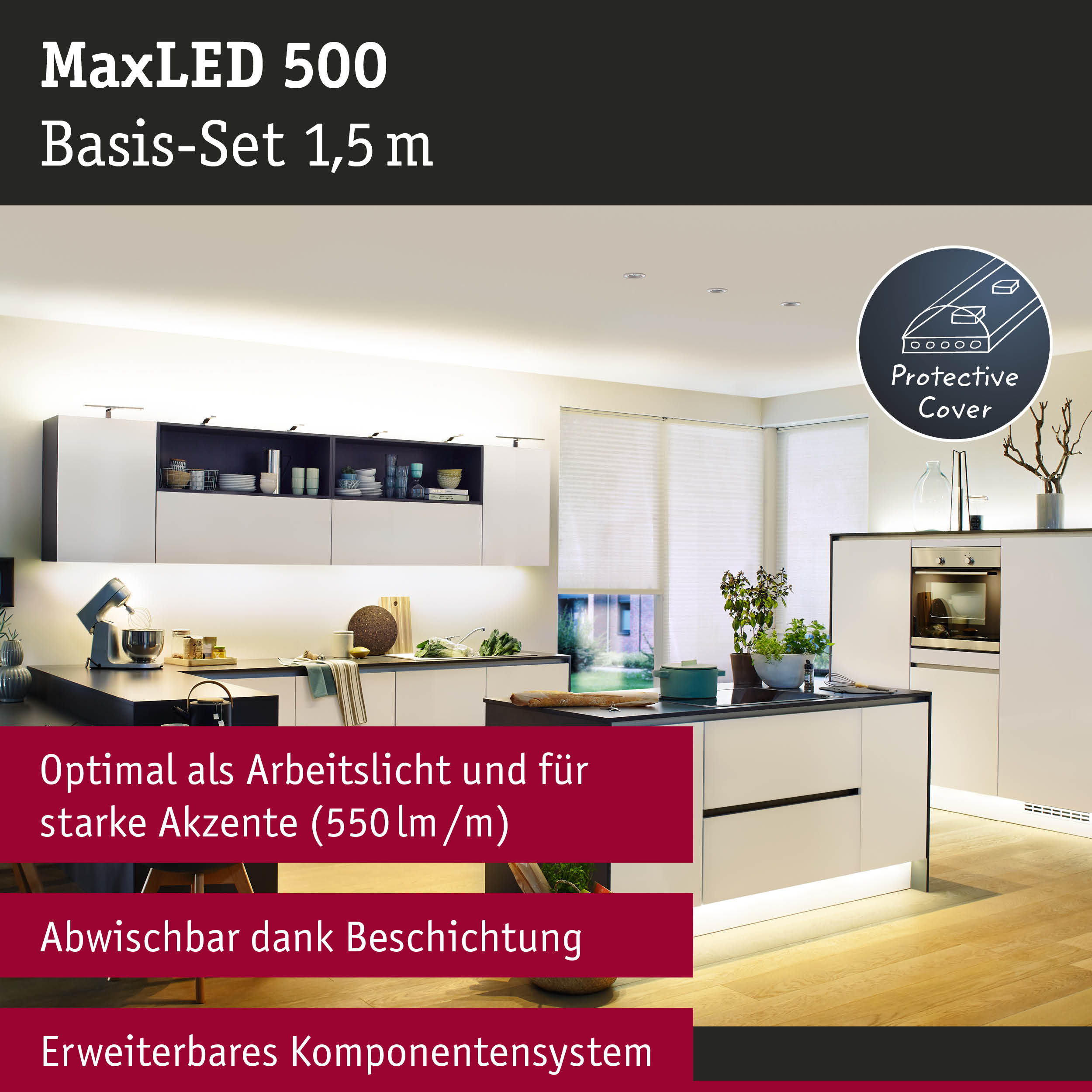 Moderne Küche mit integrierter LED-Unterschrankbeleuchtung und hellen Akzenten.
