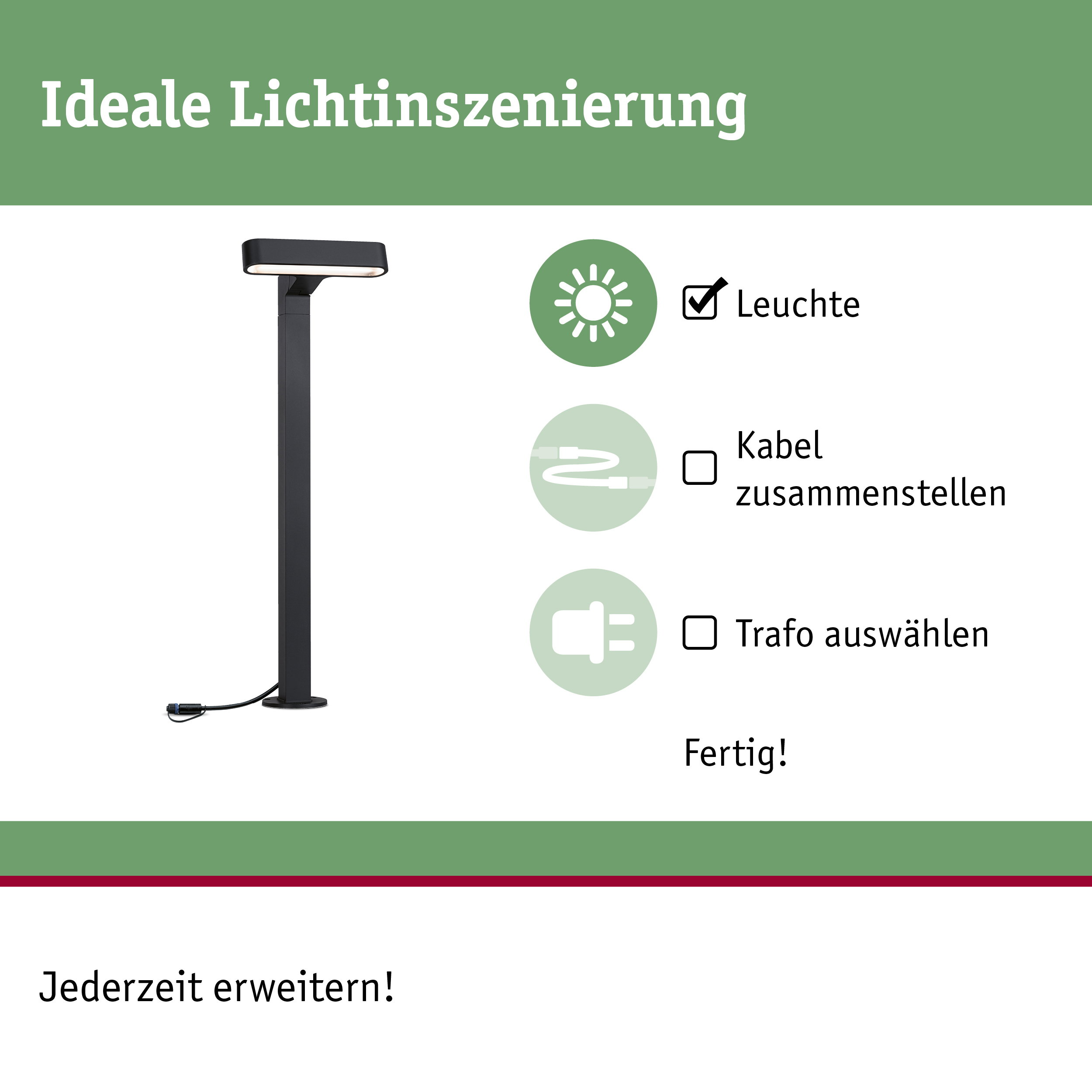 Anleitung zur Installation einer schwarzen Wegeleuchte mit Schritten für Leuchte, Kabel und Trafo.
