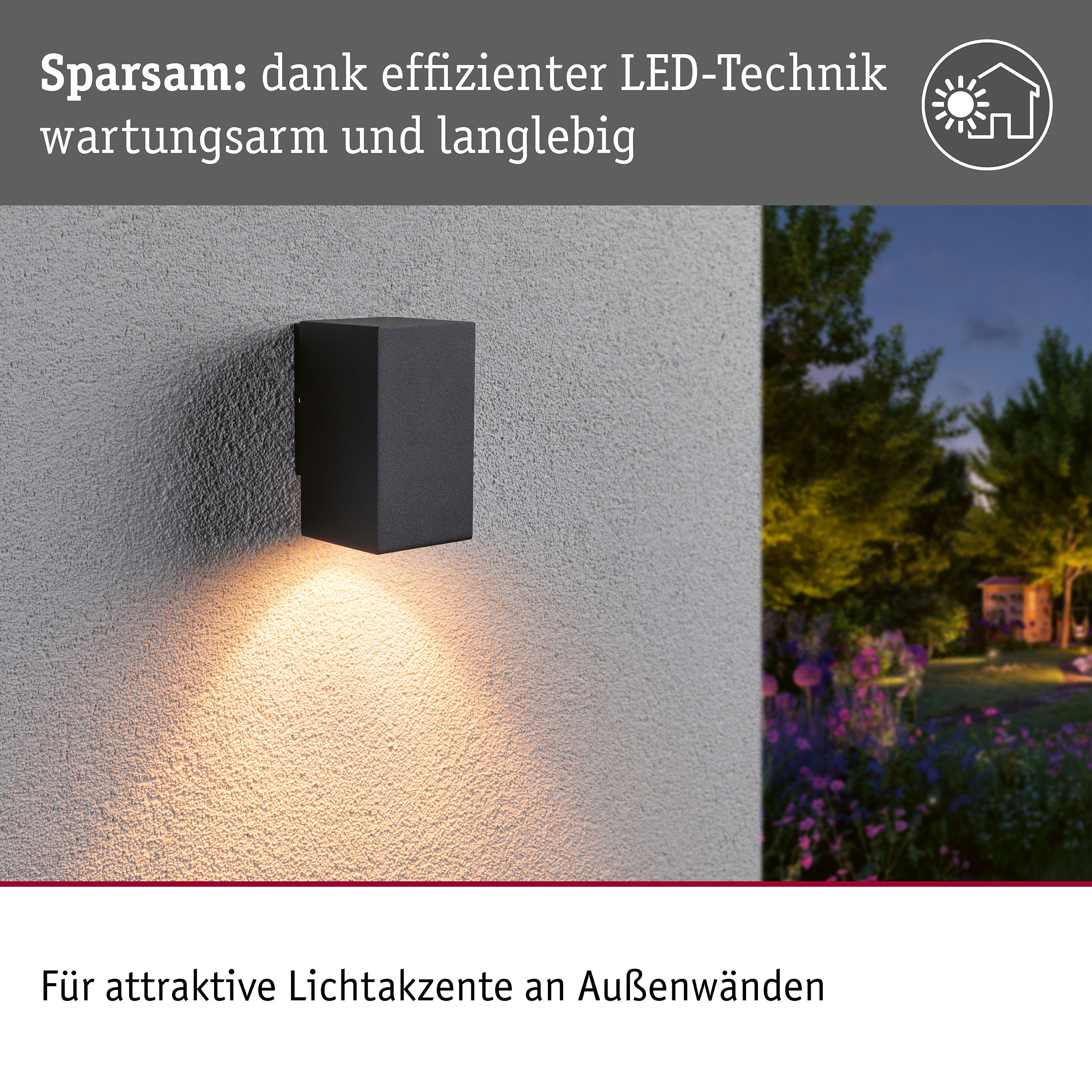 Schwarze LED-Wandleuchte an Außenwand mit warmem Lichtkegel und garten im Hintergrund.