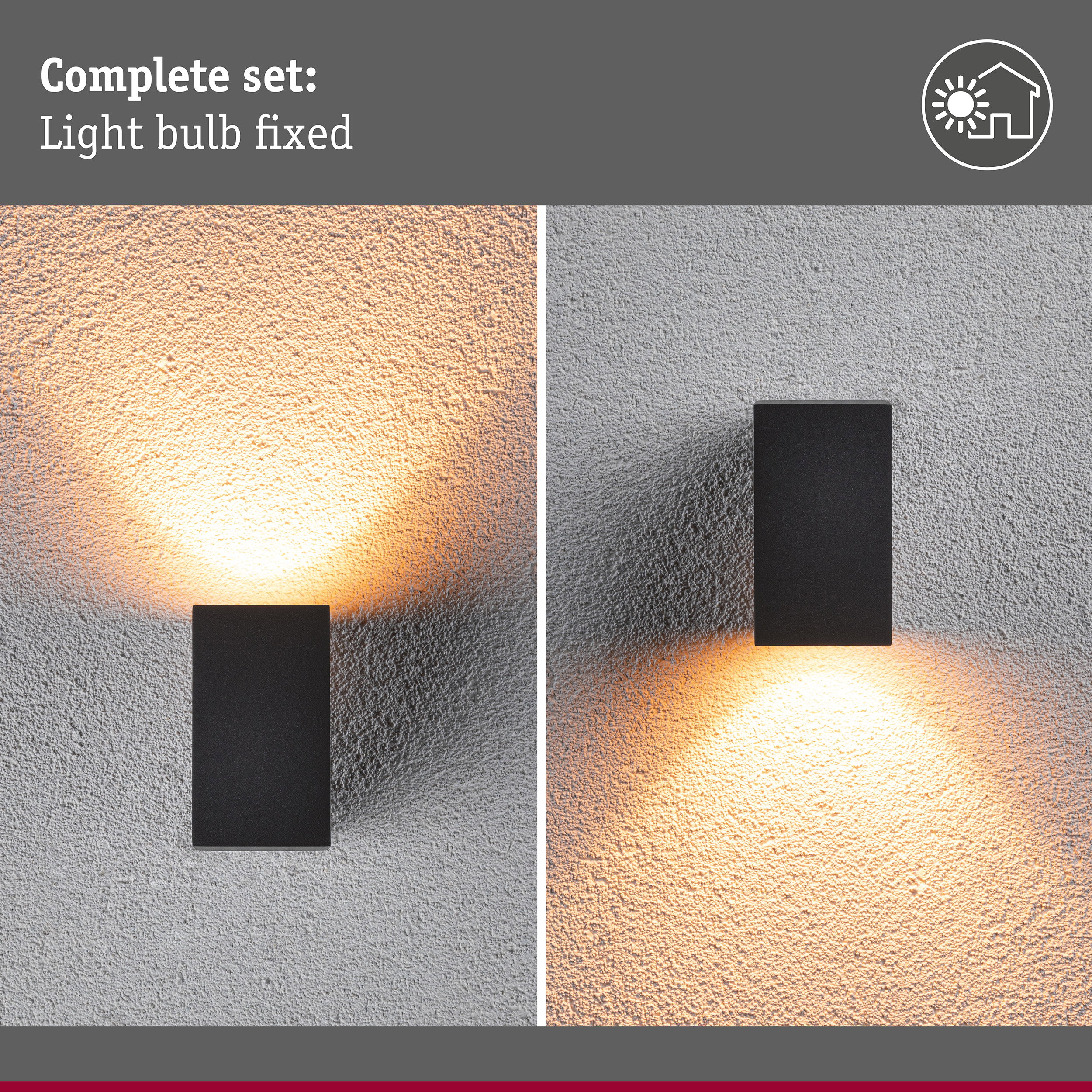 Komplettset: Feste Glühbirne, zeigt eine schwarze Wandleuchte mit Licht nach oben und unten.