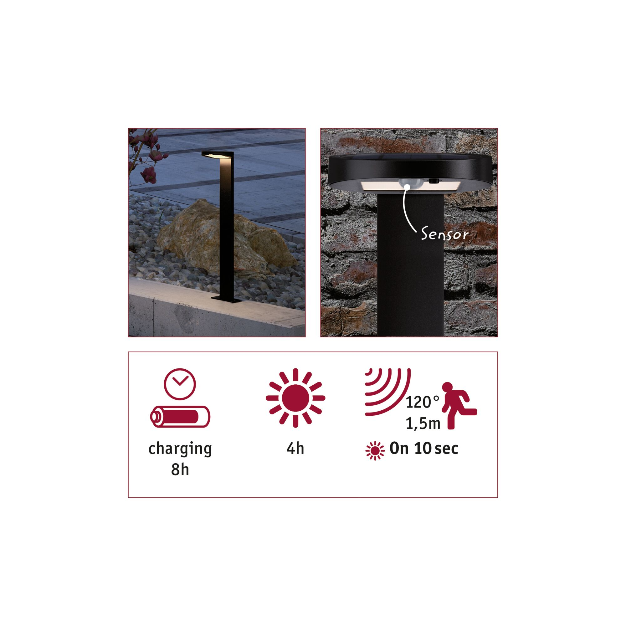 Lampa solarna z czujnikiem, ładowanie 8h, czas pracy 4h, zasięg detekcji ruchu 1,5m.