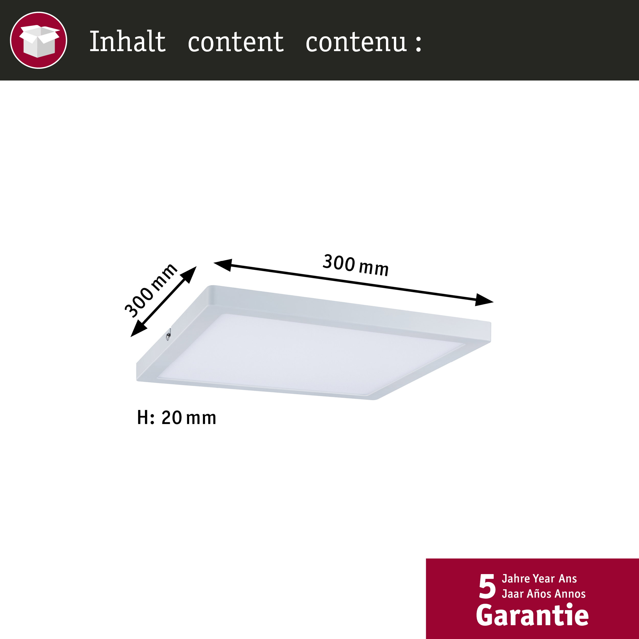 Quadratisches, weißes LED-Panel mit 300x300mm und 20mm Höhe sowie 5 Jahren Garantie.