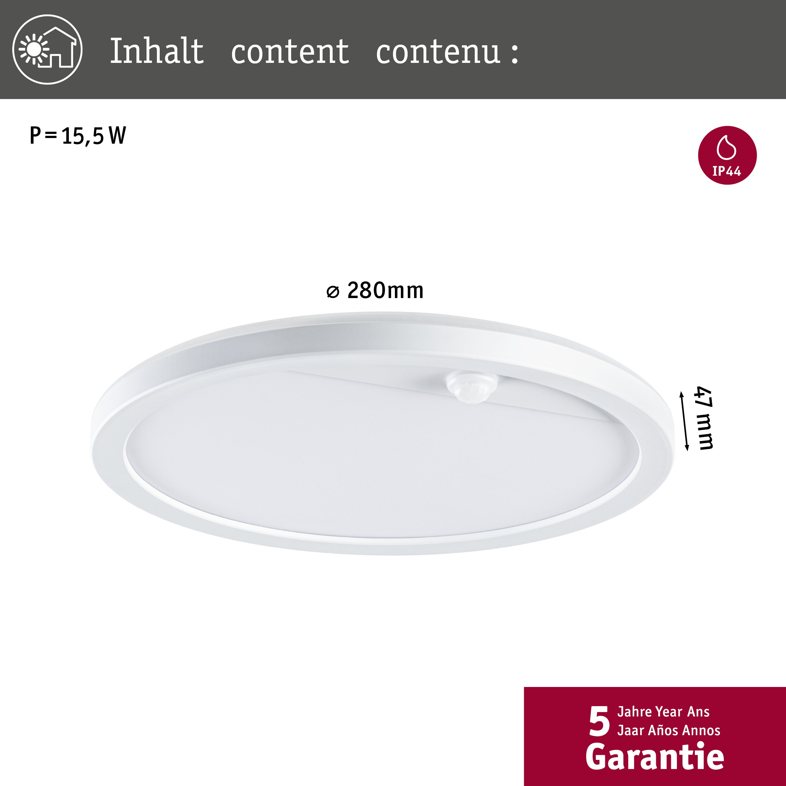 Technische Zeichnung einer runden weißen LED-Deckenleuchte mit 280 mm Durchmesser und Bewegungssensor.