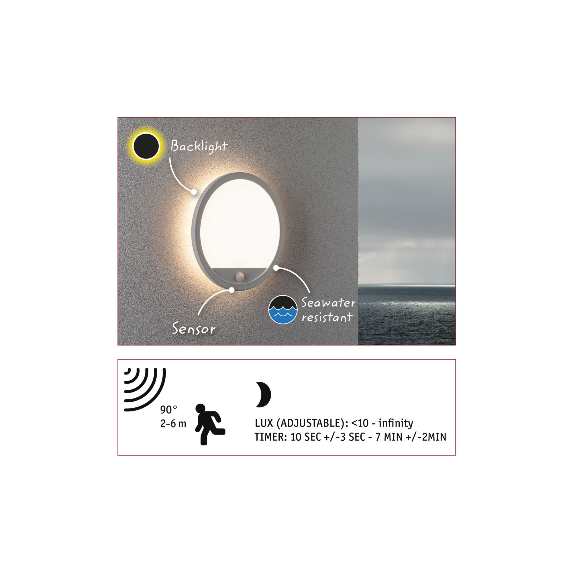 Runde LED-Wandleuchte mit Sensor und Hinterleuchtung, seewasserbeständig, mit technischen Details.