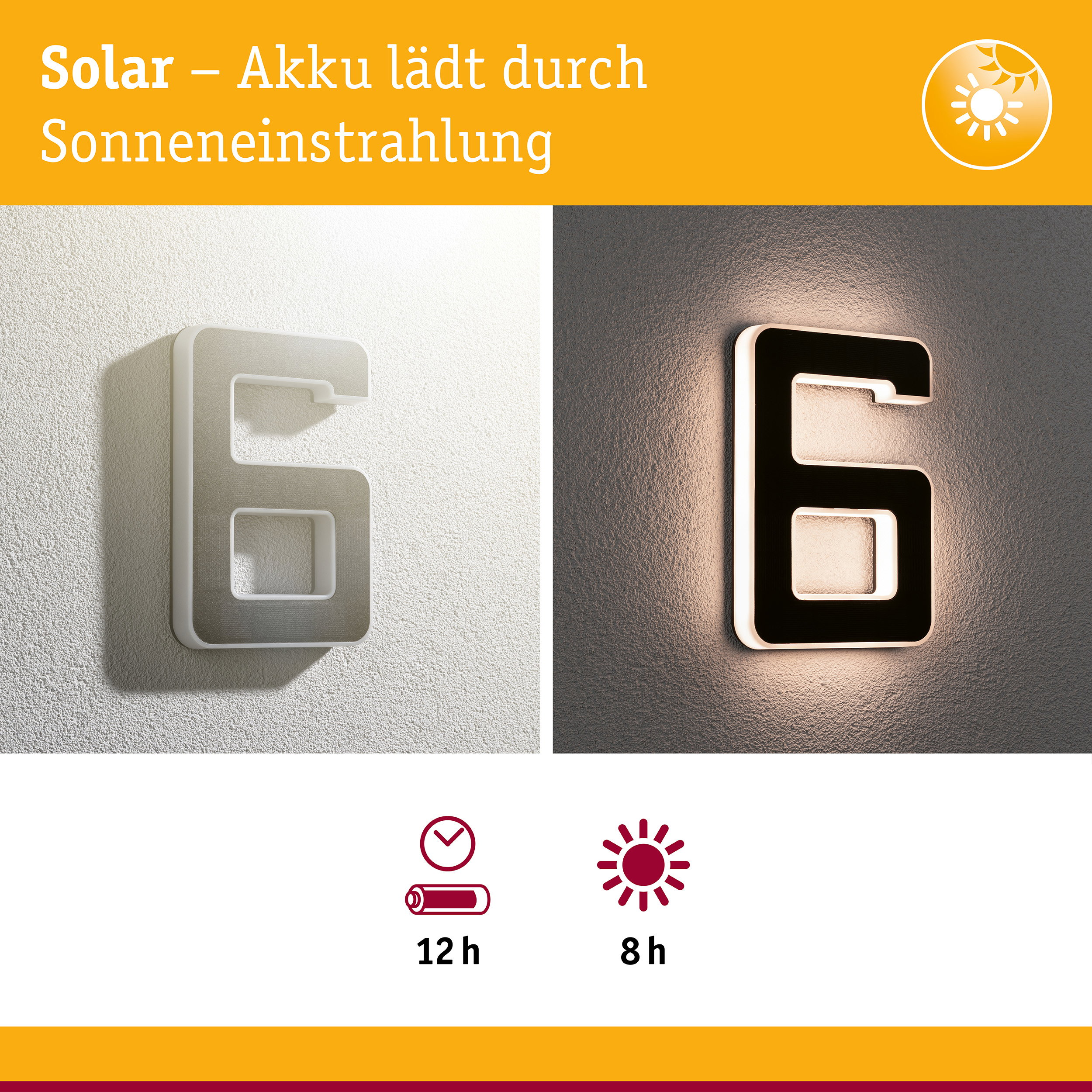 Solarny numer domu 6, jasny w dzień i podświetlony w nocy, z ikonami baterii.