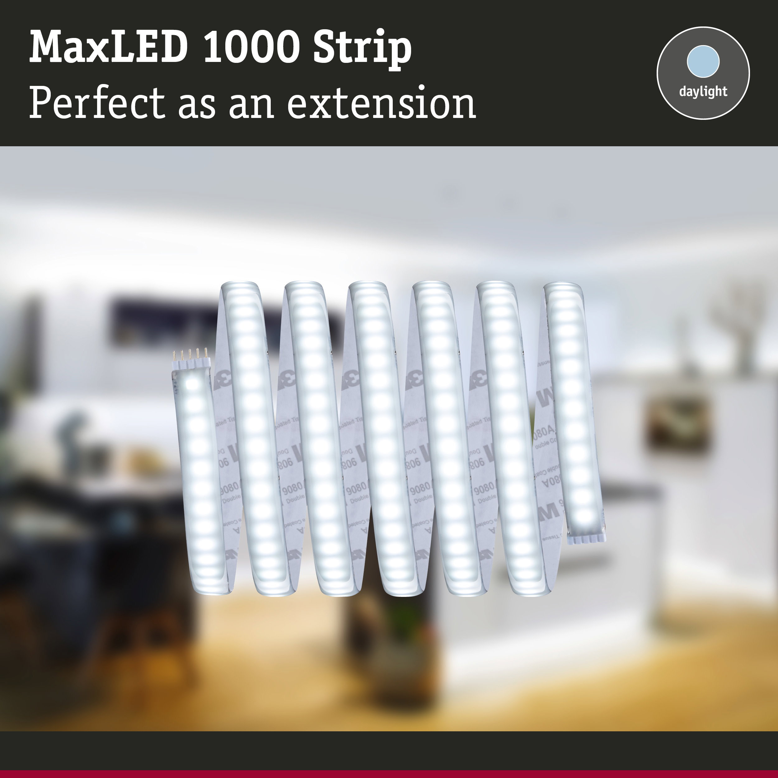 MaxLED 1000 LED-Streifen im gewickelten Design vor einer unscharfen Küche, mit Tageslicht-Symbol.