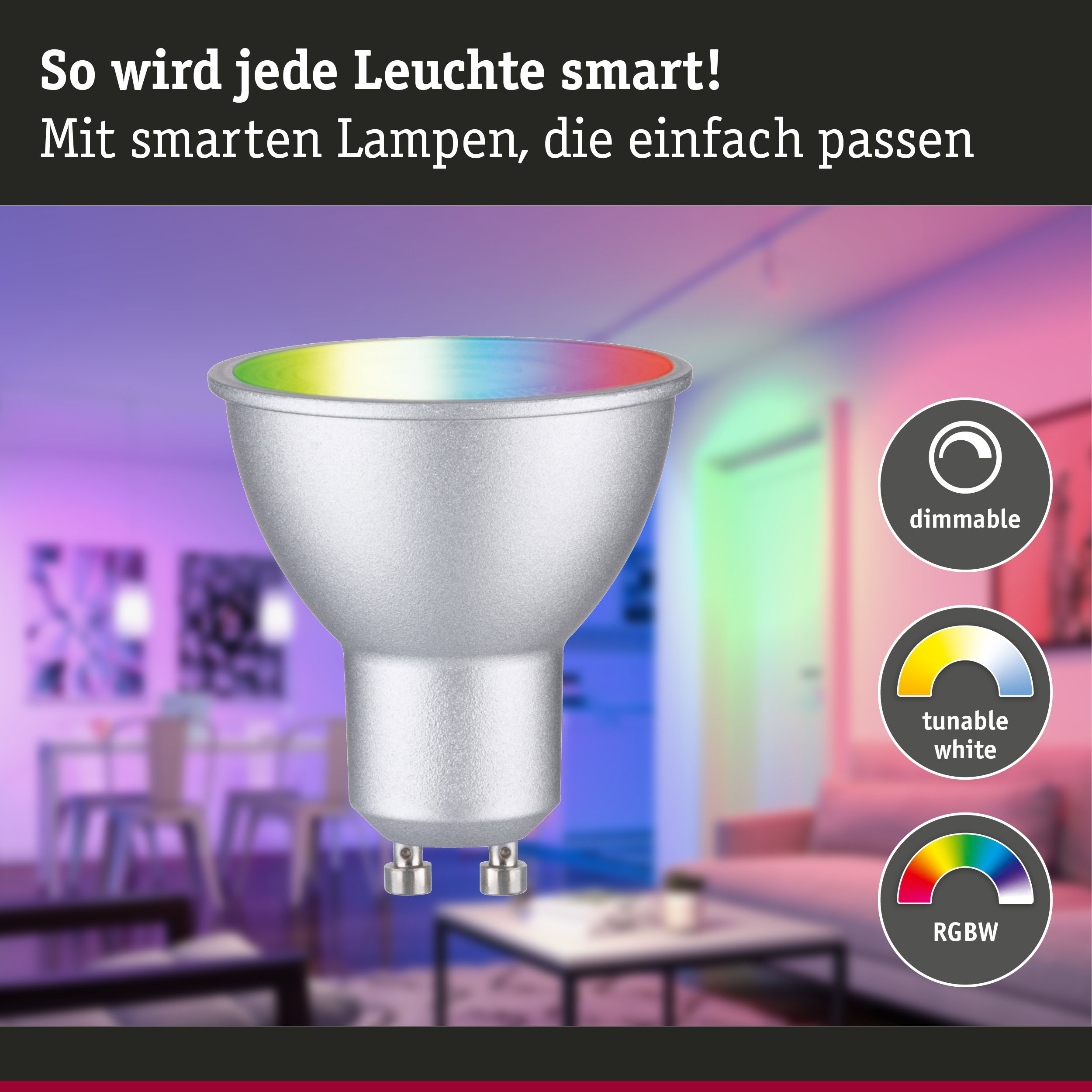 Eine smarte GU10 LED-Lampe vor einem Wohnzimmer mit Icons für Dimmbarkeit, Weißtöne und RGBW-Farben.