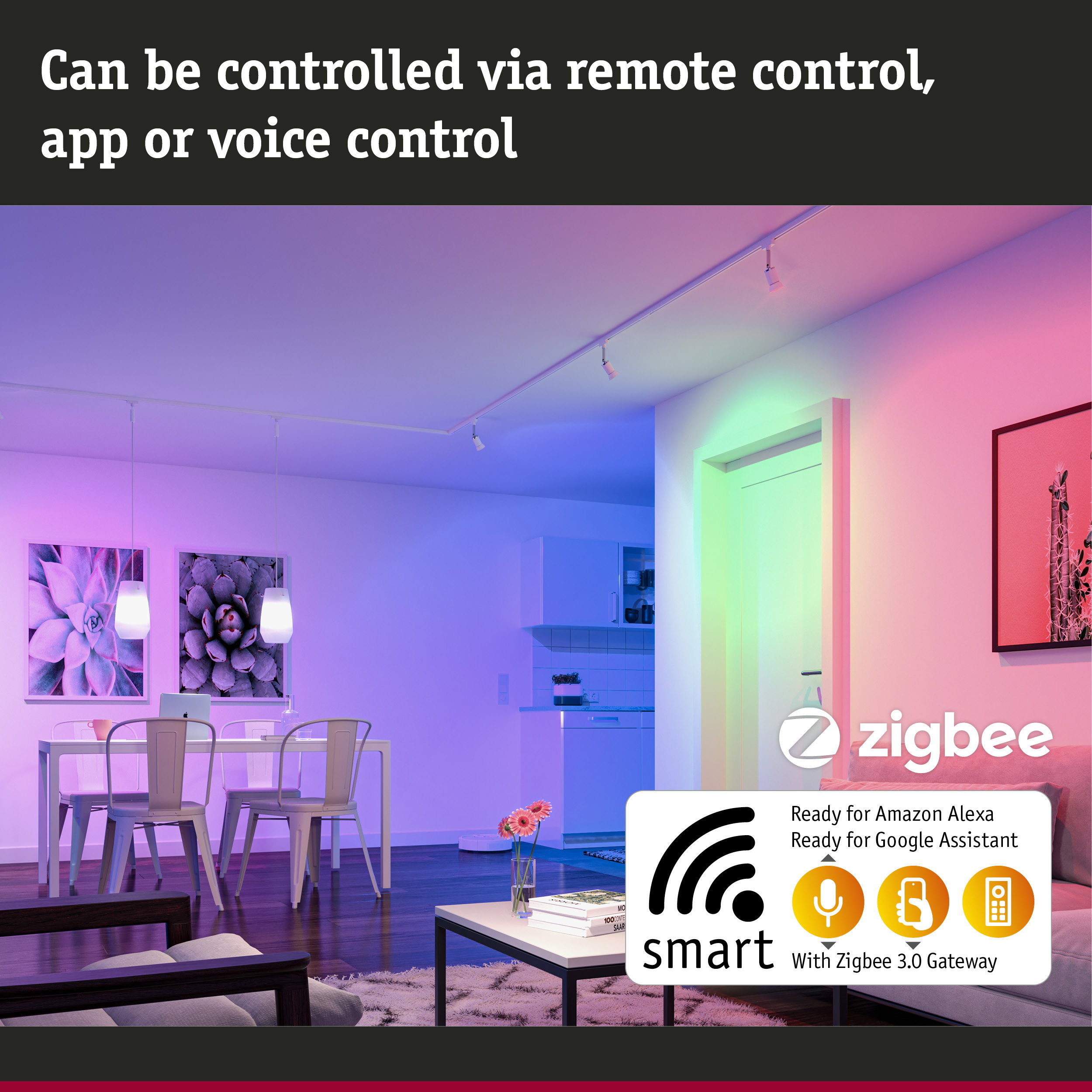 Wohnzimmer mit smartem Licht, steuerbar per App, Sprache oder Fernbedienung.