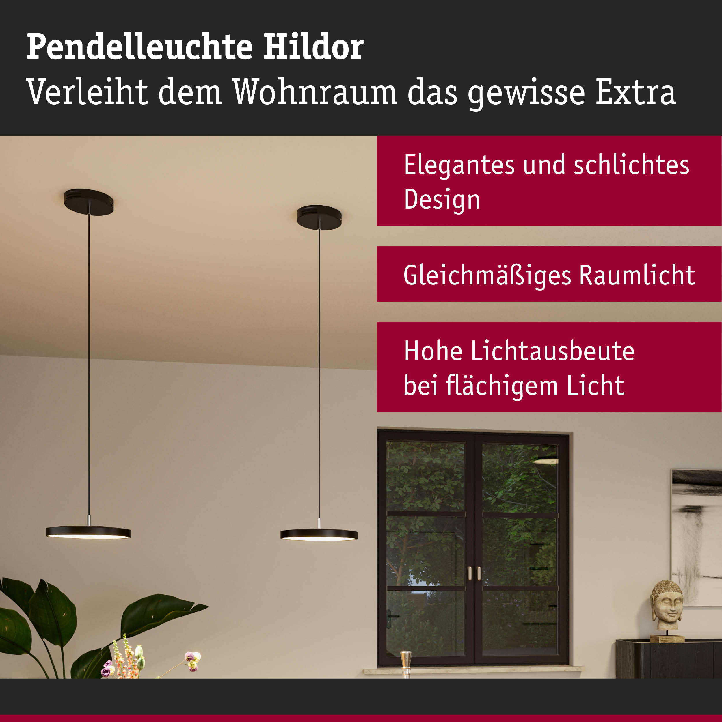 Dwie czarne lampy wiszące Hildor wiszą w jasnym pokoju z oknem i roślinami.