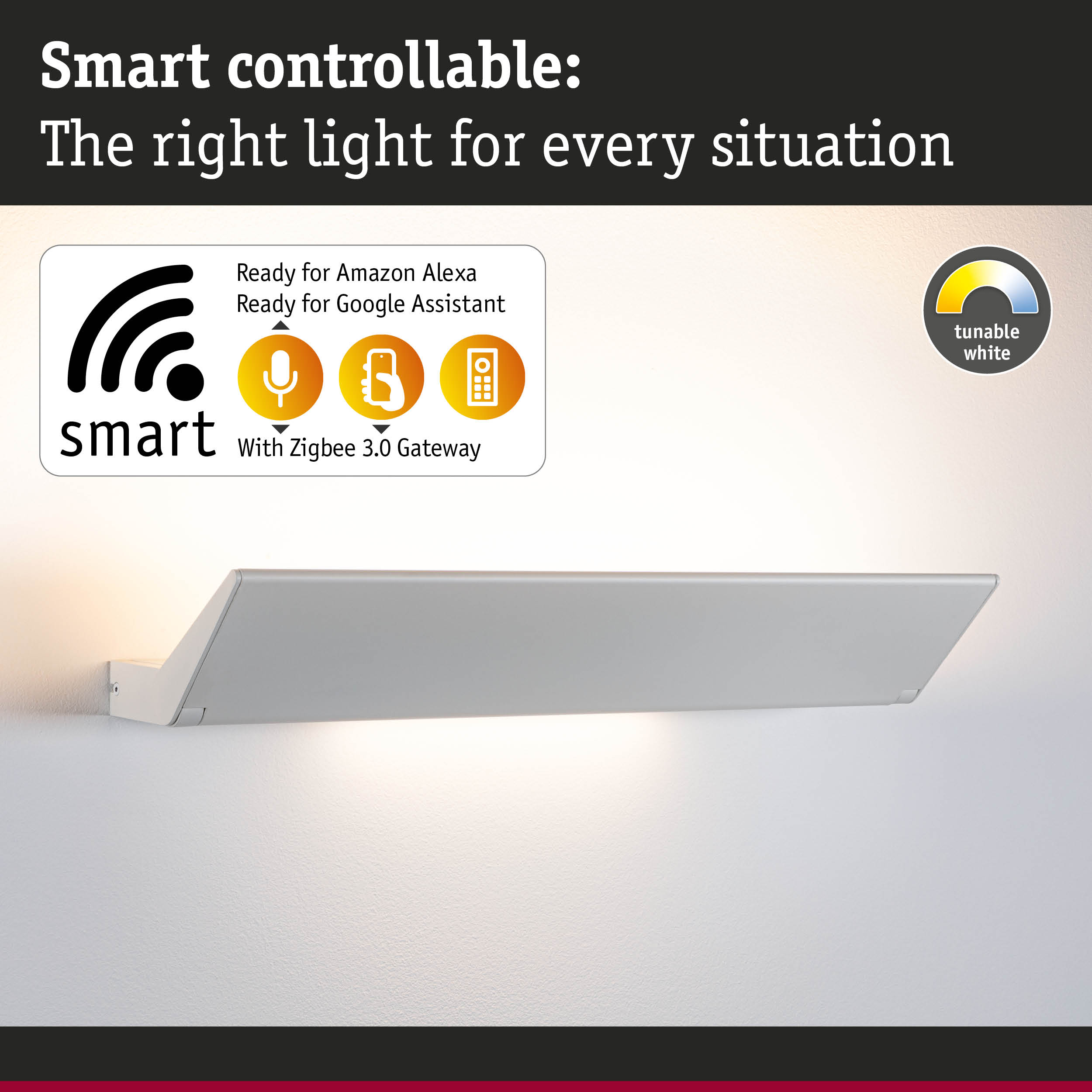 Moderne weiße Wandleuchte mit Smart-Steuerung, Alexa- und Google-Kompatibilität sowie Zigbee 3.0.