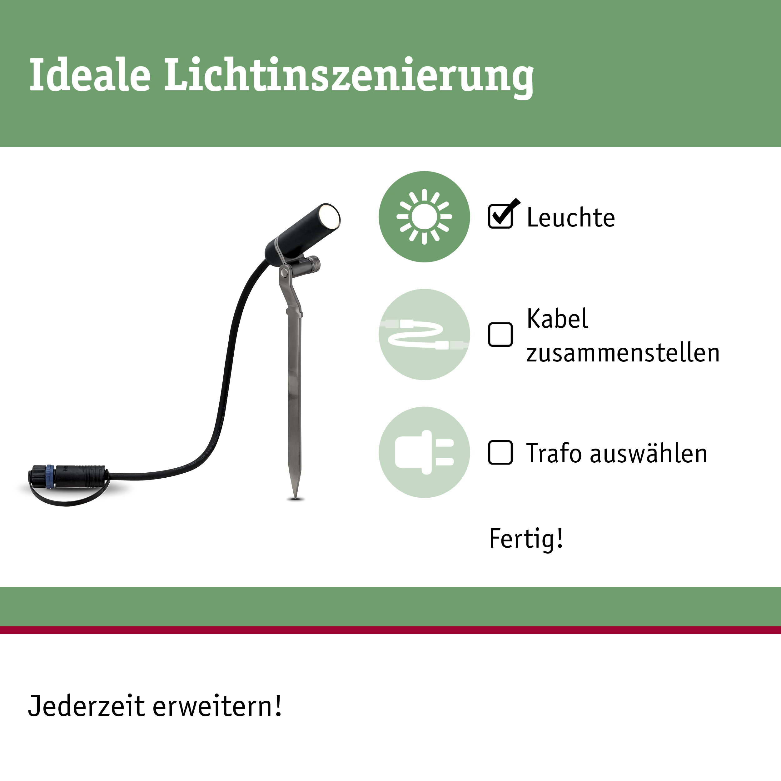Grafika oświetlenia ogrodu z lampą na szpikulcu i trzema krokami: lampa, kabel, transformator.