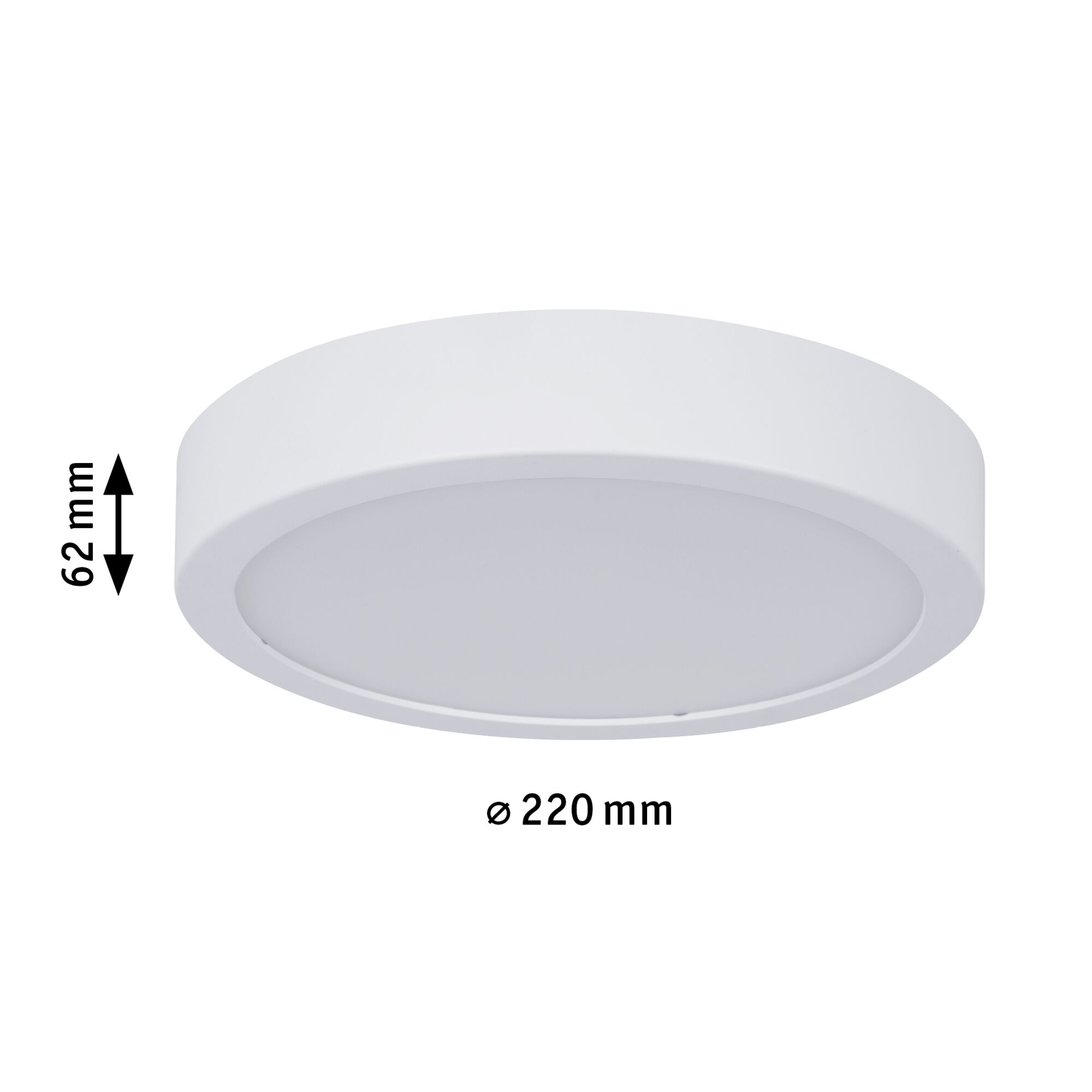 Okrągła biała lampa sufitowa o średnicy 220 mm i wysokości 62 mm na białym tle.