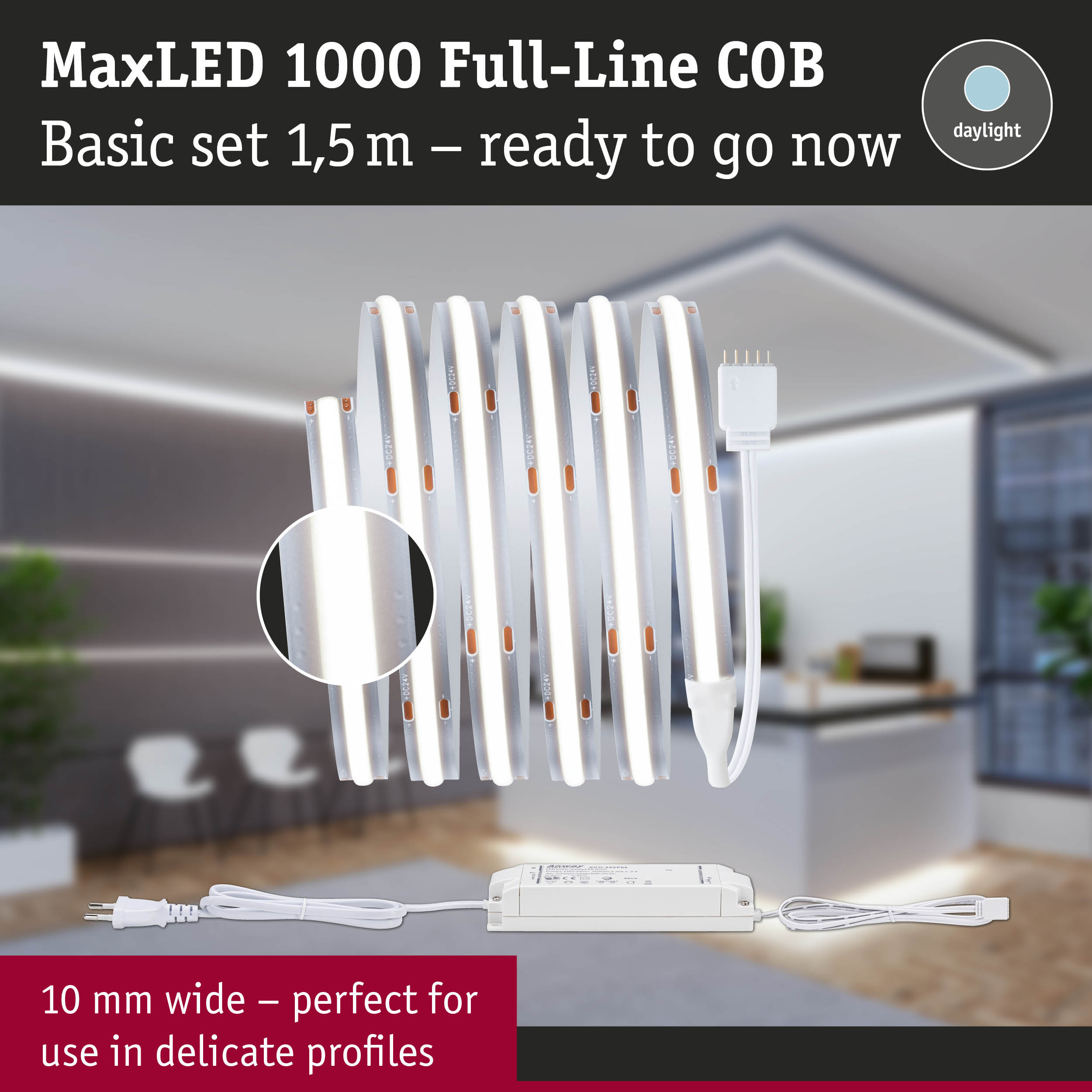 Zestaw podstawowy MaxLED 1000 Full-Line COB z taśmą 1,5m, zasilaczem i wtyczką.