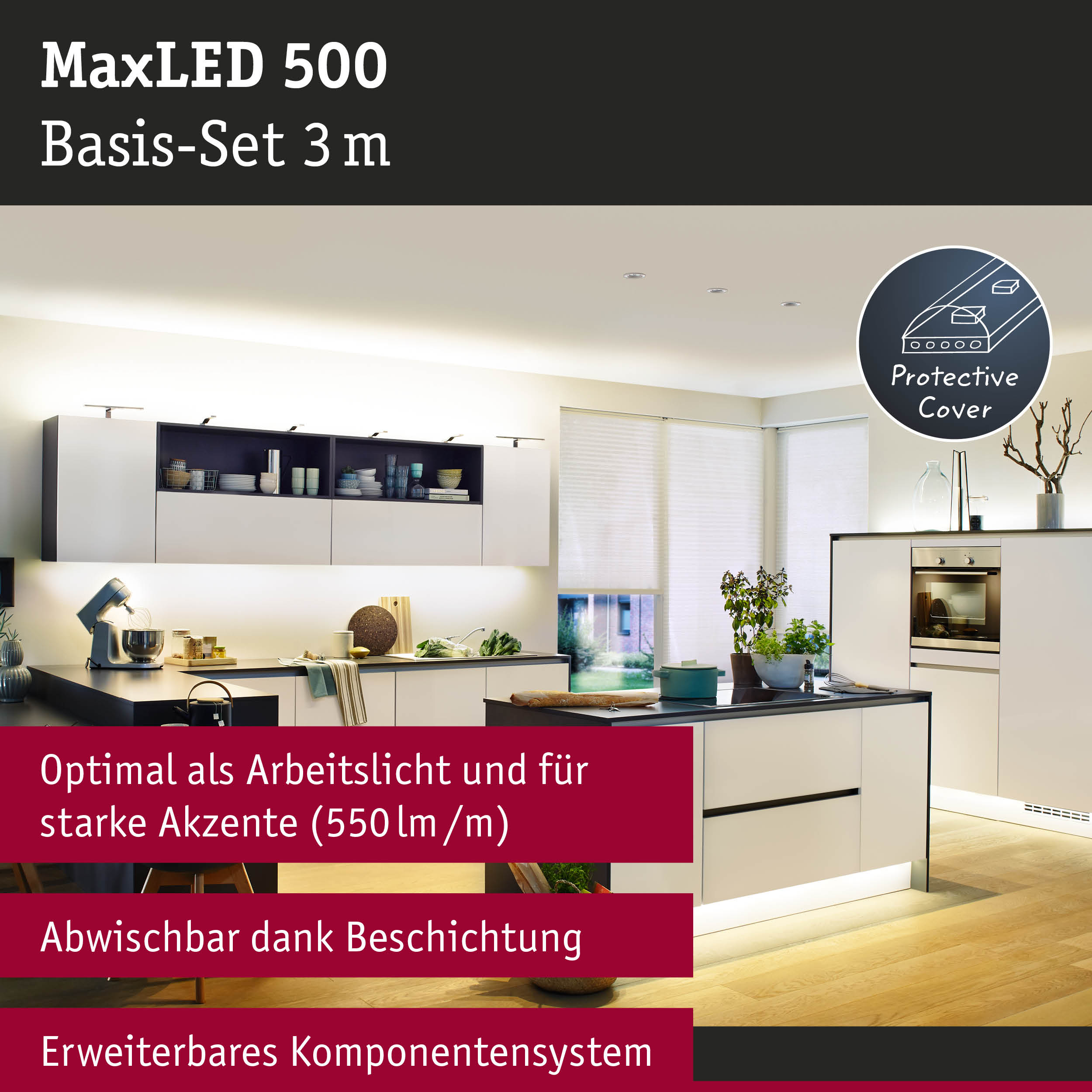 Moderne Küche mit integrierter LED-Beleuchtung unter Schränken und Sockeln, Holzfußboden und Arbeitsflächen.