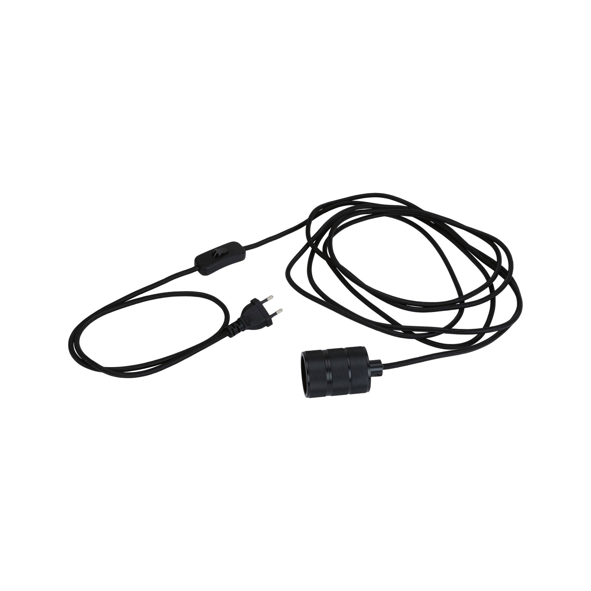 Ein schwarzes Lampenkabel mit Stecker, Schalter und einer zylindrischen Fassung.