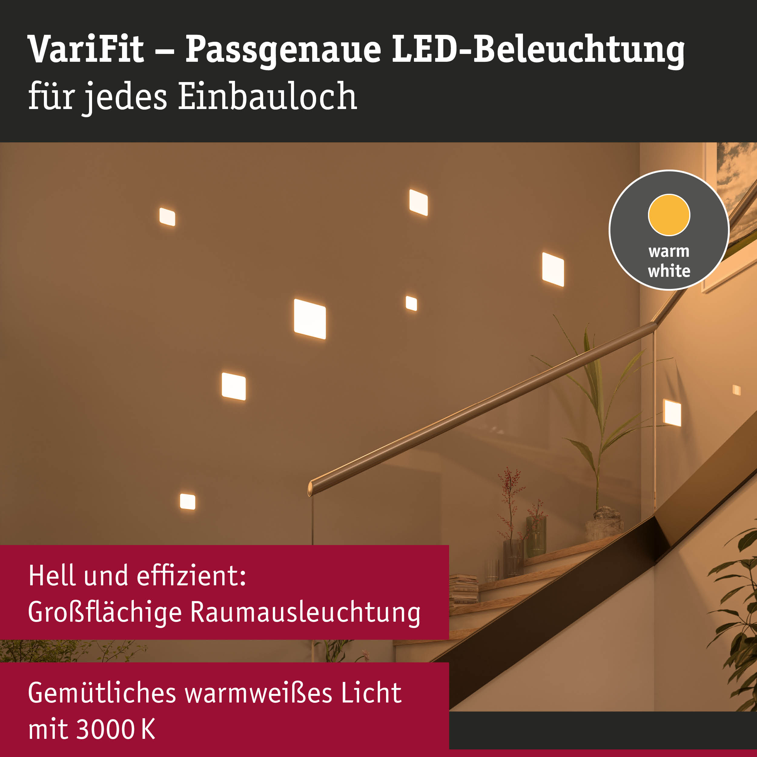 Parete moderna con luci LED quadrate sopra una scala, con testi sovrapposti.