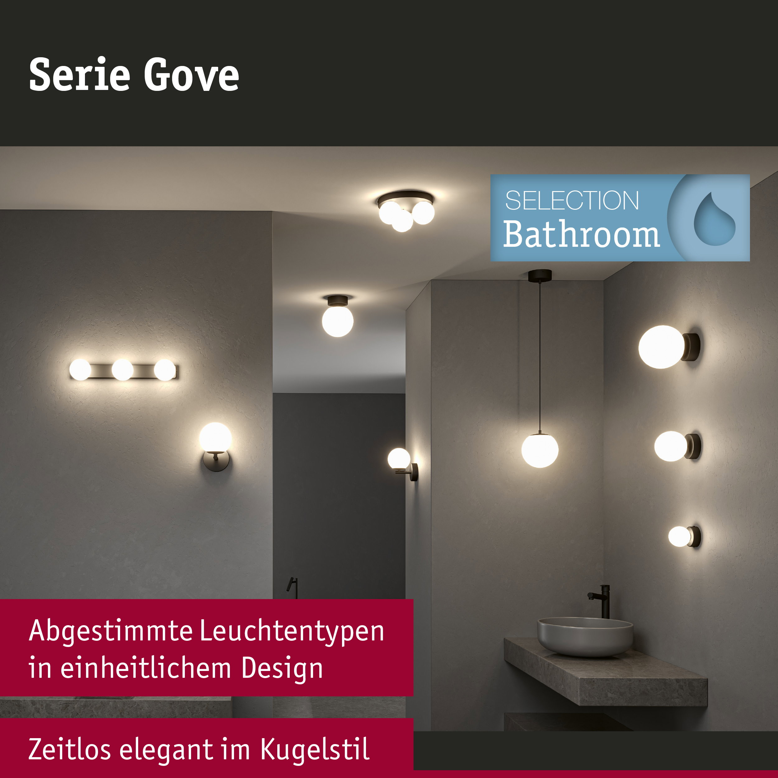 Nowoczesne lampy ścienne i sufitowe z serii Gove z okrągłymi, białymi kloszami w łazience.