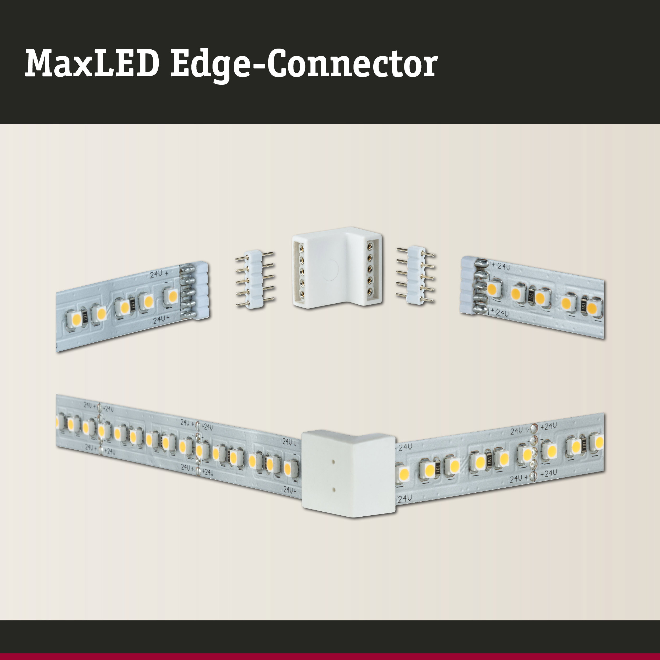 MaxLED Edge-Connector mit LED-Strips, Pins und Eckverbindung in einer hellen Ansicht.