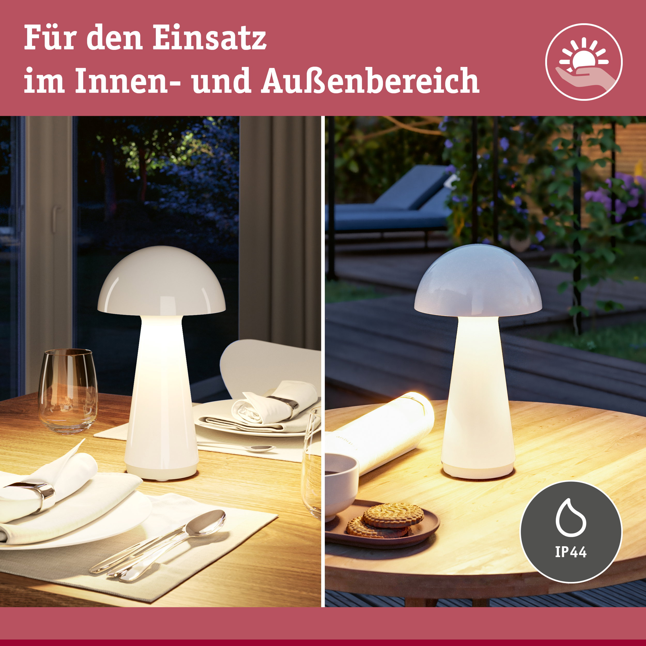 Wasserdichte LED-Pilzleuchte für den Innen- und Außenbereich auf Holztischen.