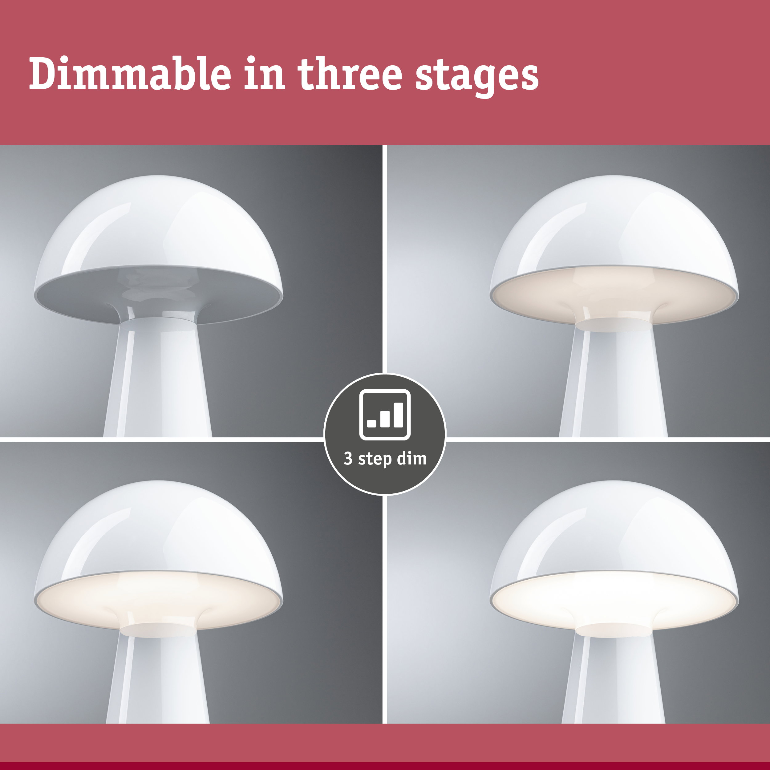Vier Bilder zeigen eine weiße Pilzlampe in drei Helligkeitsstufen mit der Aufschrift Dimmable in three stages.