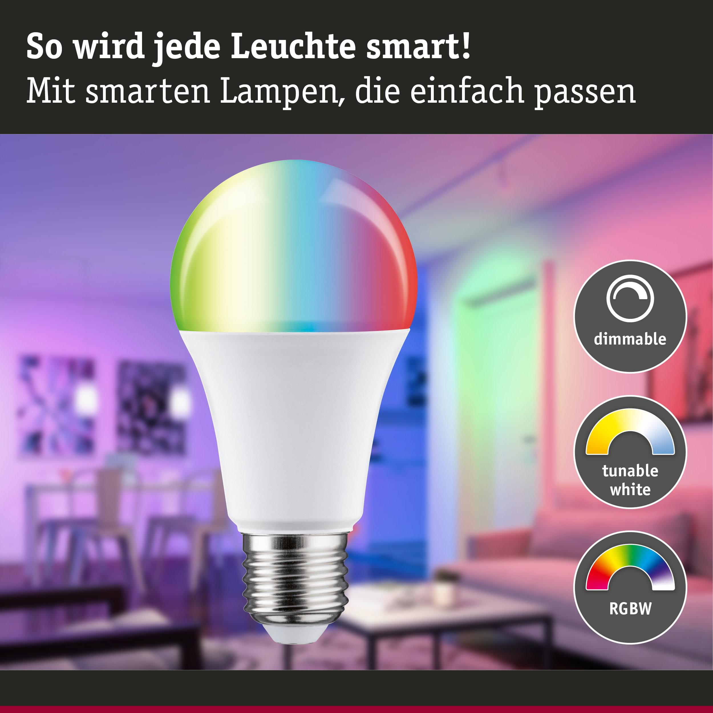 Eine smarte RGBW-LED-Glühbirne vor verschwommenem Wohnzimmerhintergrund mit Feature-Icons.