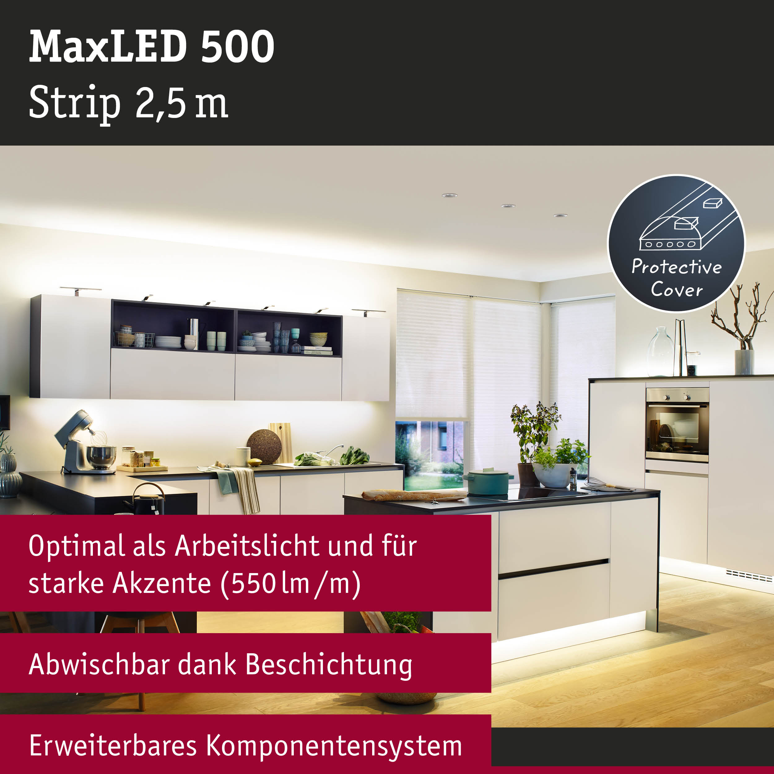 Moderne Küche mit integrierter LED-Beleuchtung unter Schränken und an Kücheninseln.