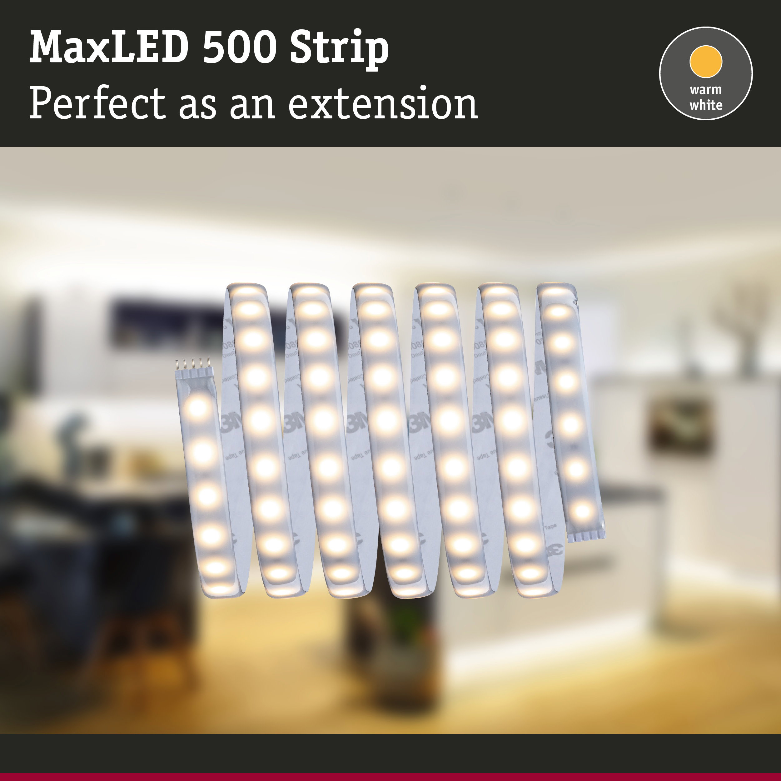 MaxLED 500 LED-Streifen vor einem verschwommenen Raum, mit warmweißer Farbanzeige.