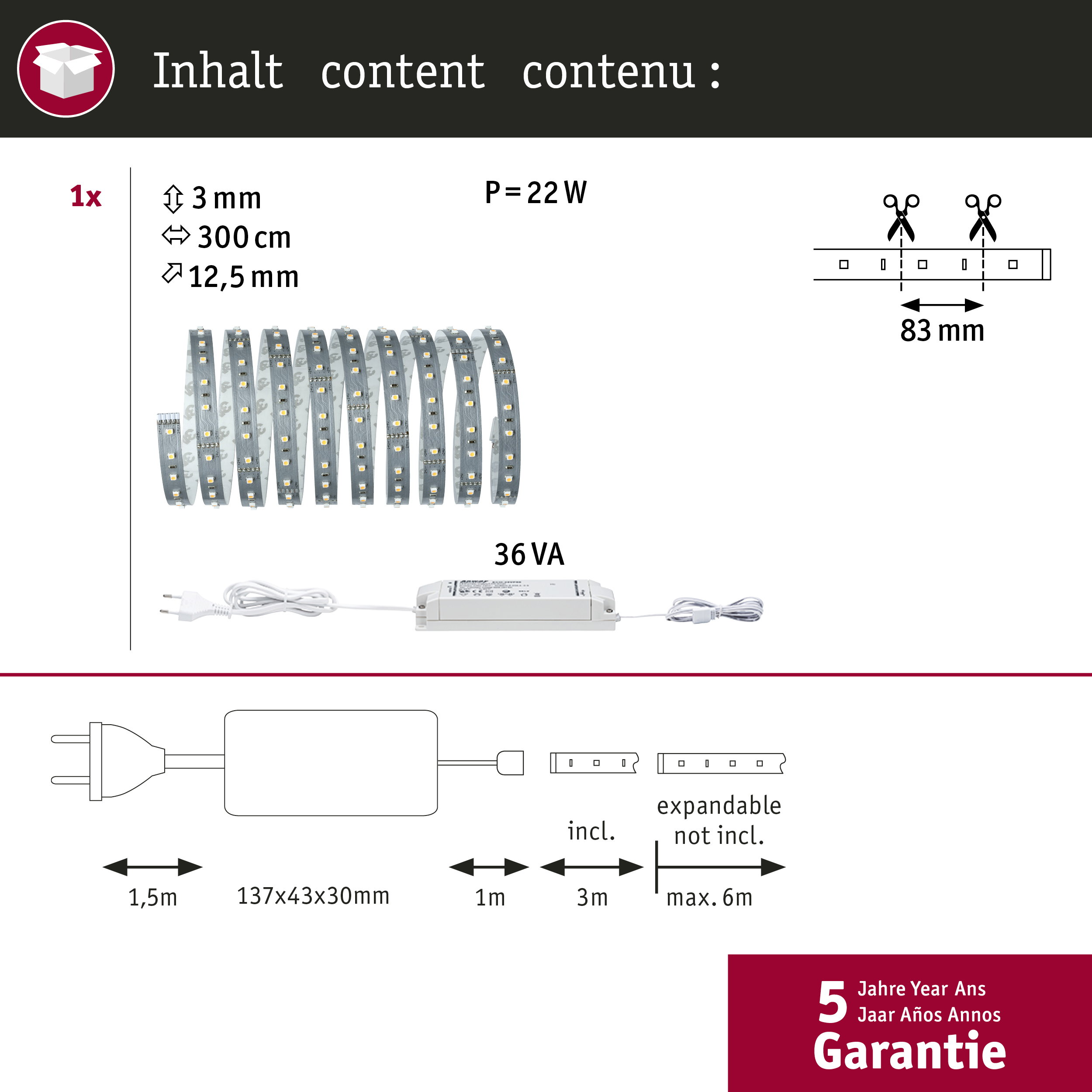LED-Streifen Set mit Netzteil, Maßen, Schneideanleitung und 5 Jahren Garantie.