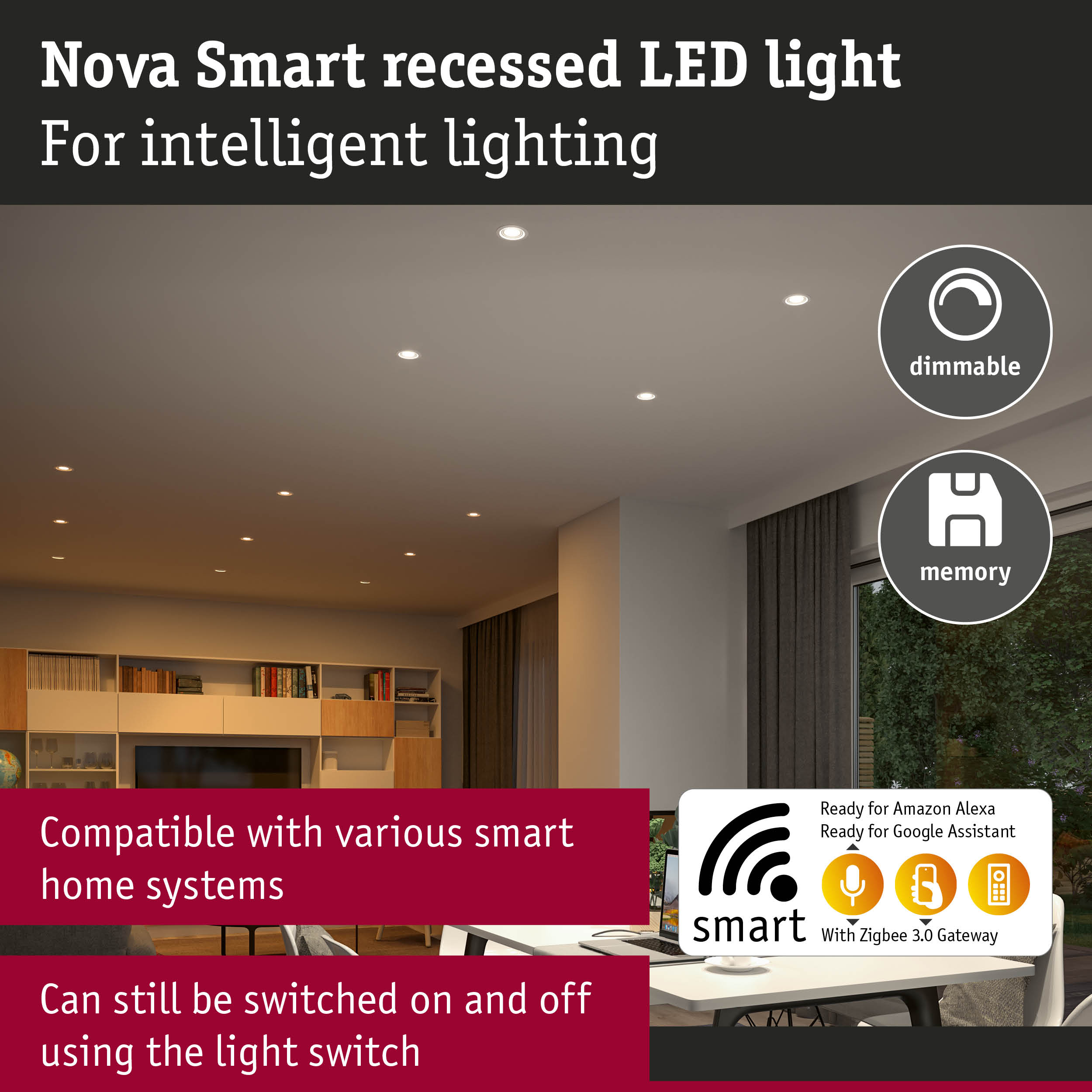 Wpuszczane lampy LED Nova Smart w salonie, ściemniane, z pamięcią i kompatybilnością smart home.