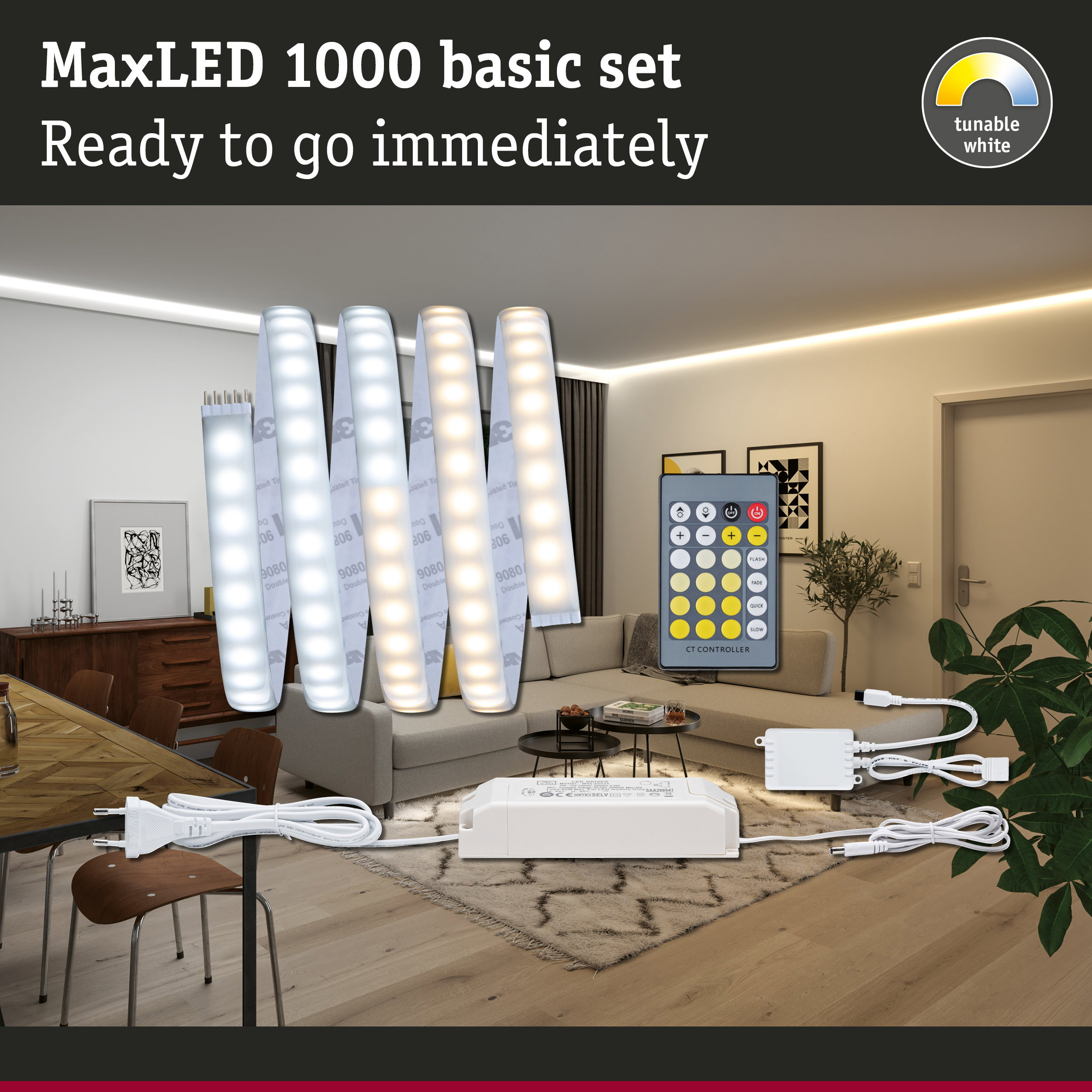 MaxLED 1000 LED-Streifen-Set mit Fernbedienung, Netzteil und warmweißer bis tageslichtweißer Beleuchtung im Wohnzimmer.