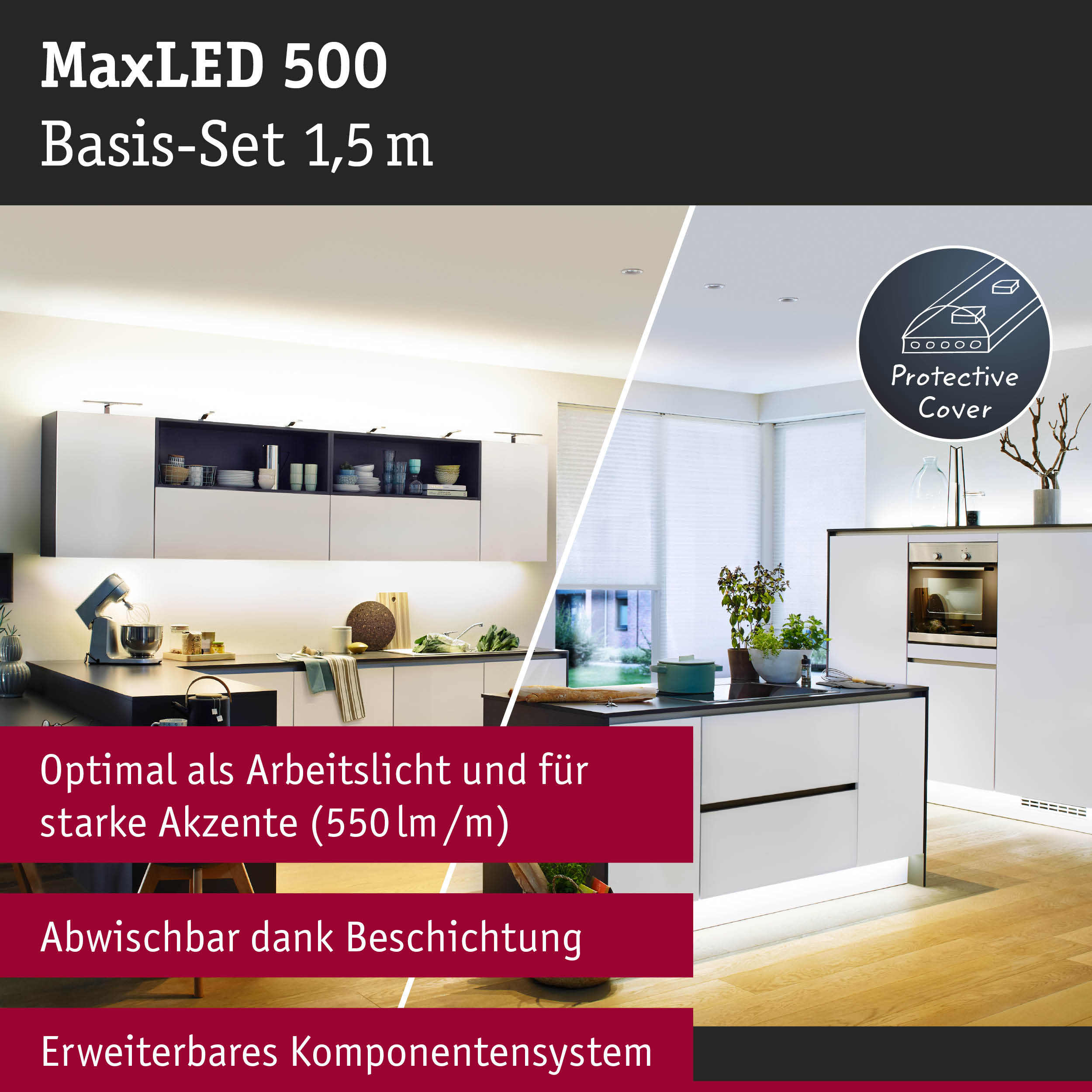 Moderne Küche mit integrierter LED-Beleuchtung unter Schränken und an der Kochinsel.
