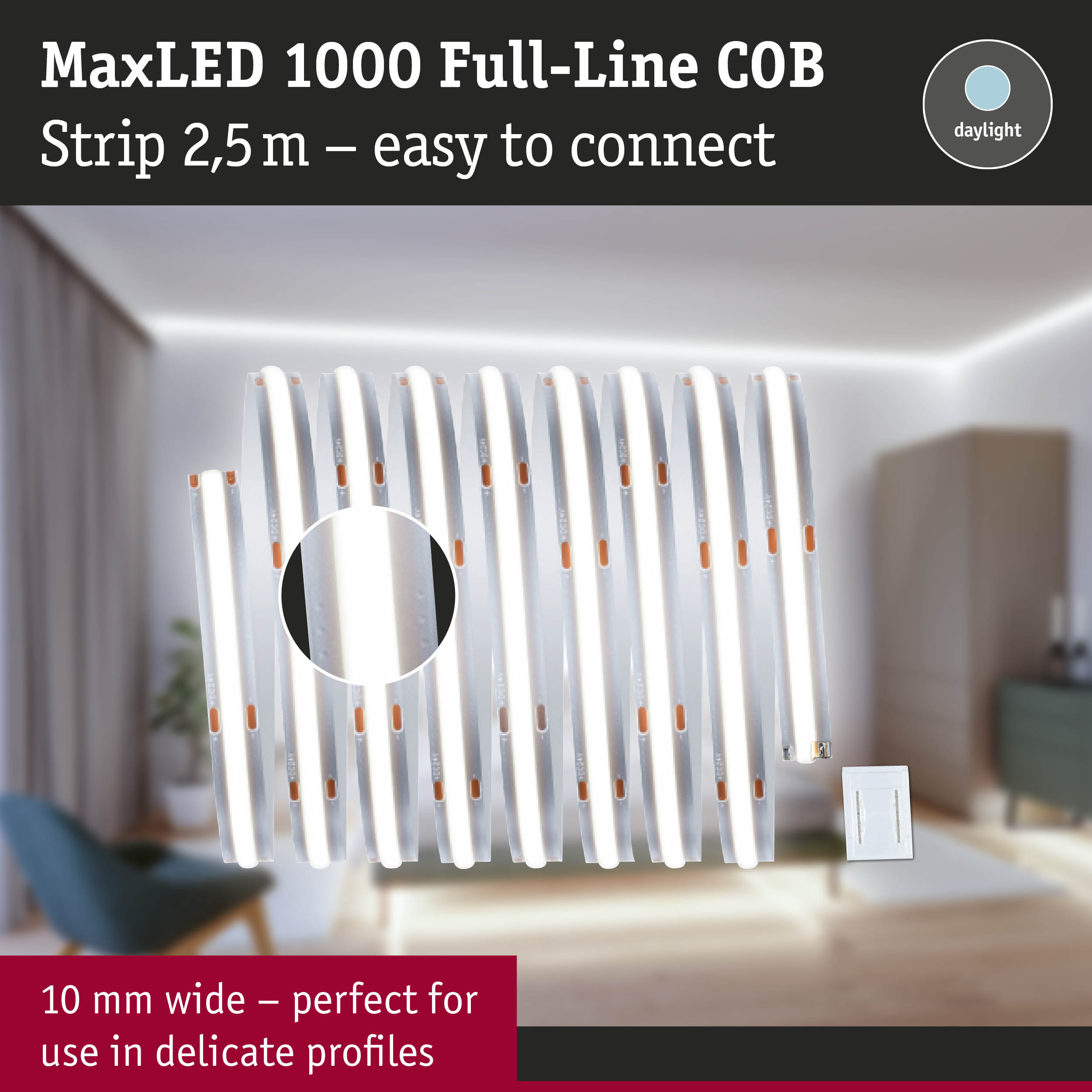 Taśma LED MaxLED 1000 COB, dł. 2,5 m, szer. 10 mm, biała światła dziennego, na tle rozmytego pokoju.
