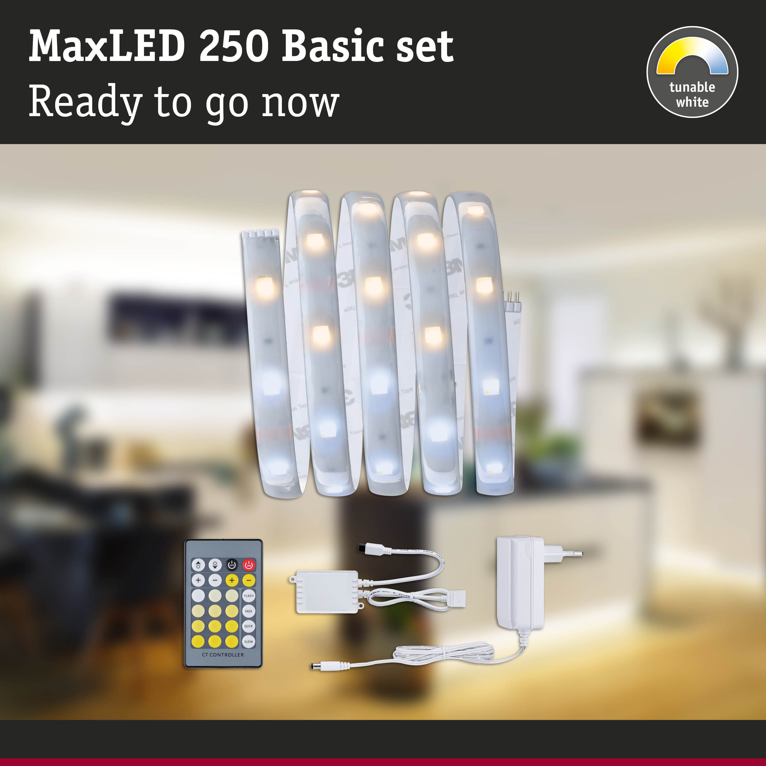 MaxLED 250 Basic-Set mit LED-Streifen, Fernbedienung, Controller und Netzteil vor verschwommenem Raum.