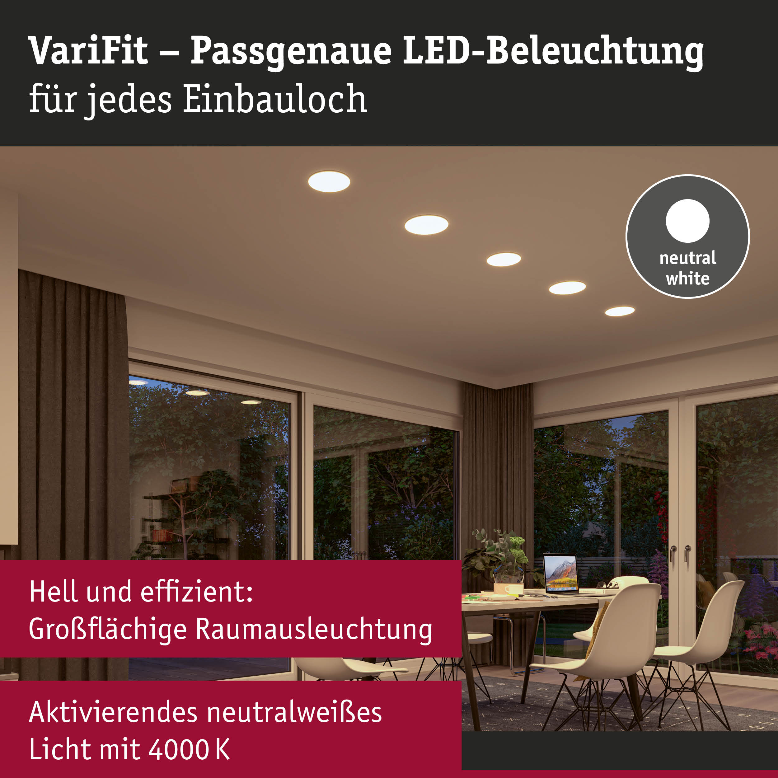 Moderne LED-Einbaustrahler beleuchten ein elegantes Esszimmer bei Nacht mit neutralweißem Licht.