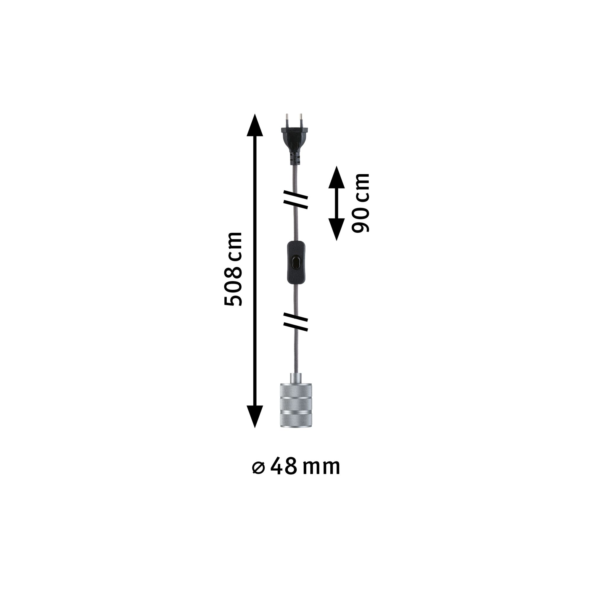 Diagramm eines Steckerkabels mit Schalter, Höhe 508 cm, oberer Bereich 90 cm und Durchmesser 48 mm.