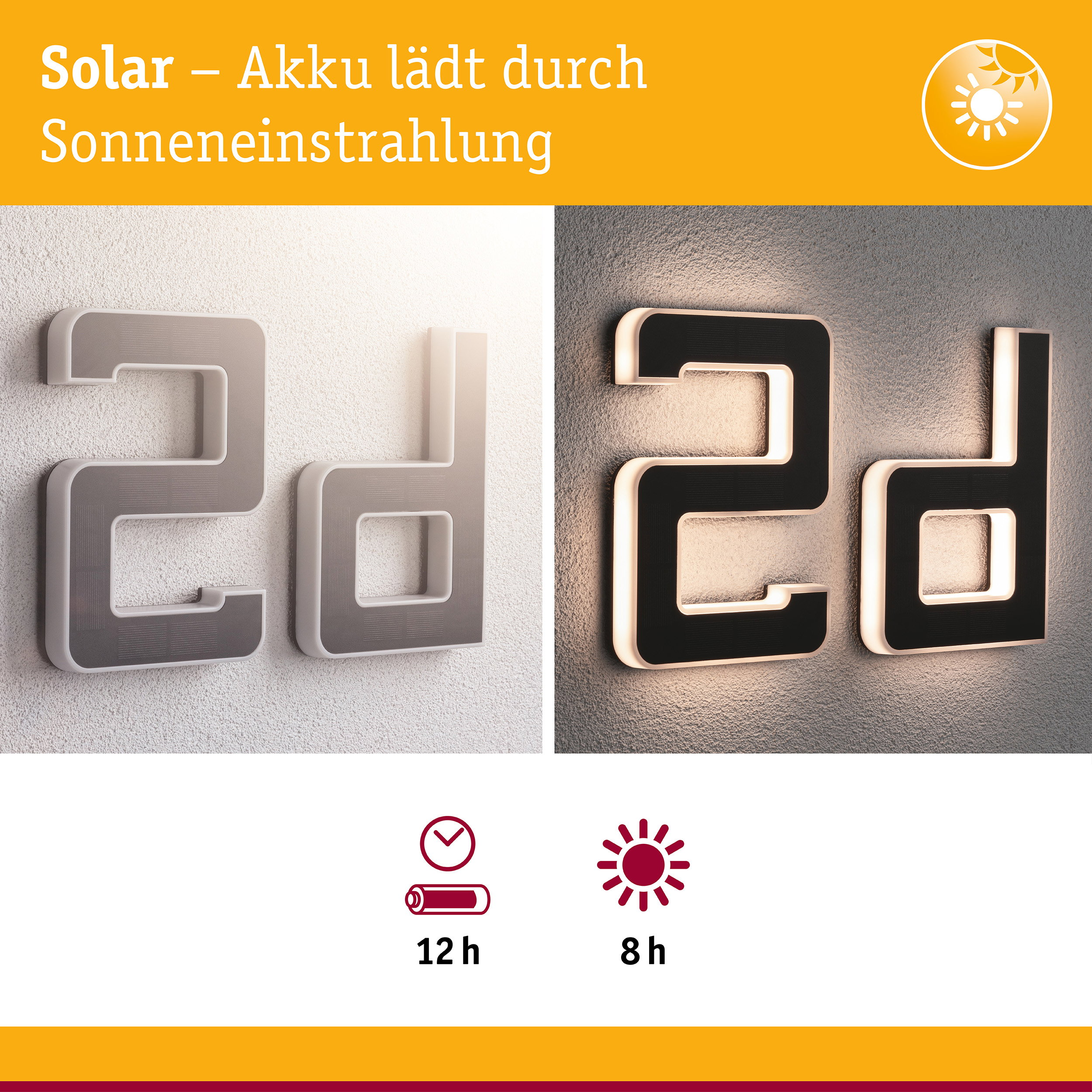 Solar-Hausnummern mit Tag- und Nachtansicht sowie Ladezeit-Symbolen.