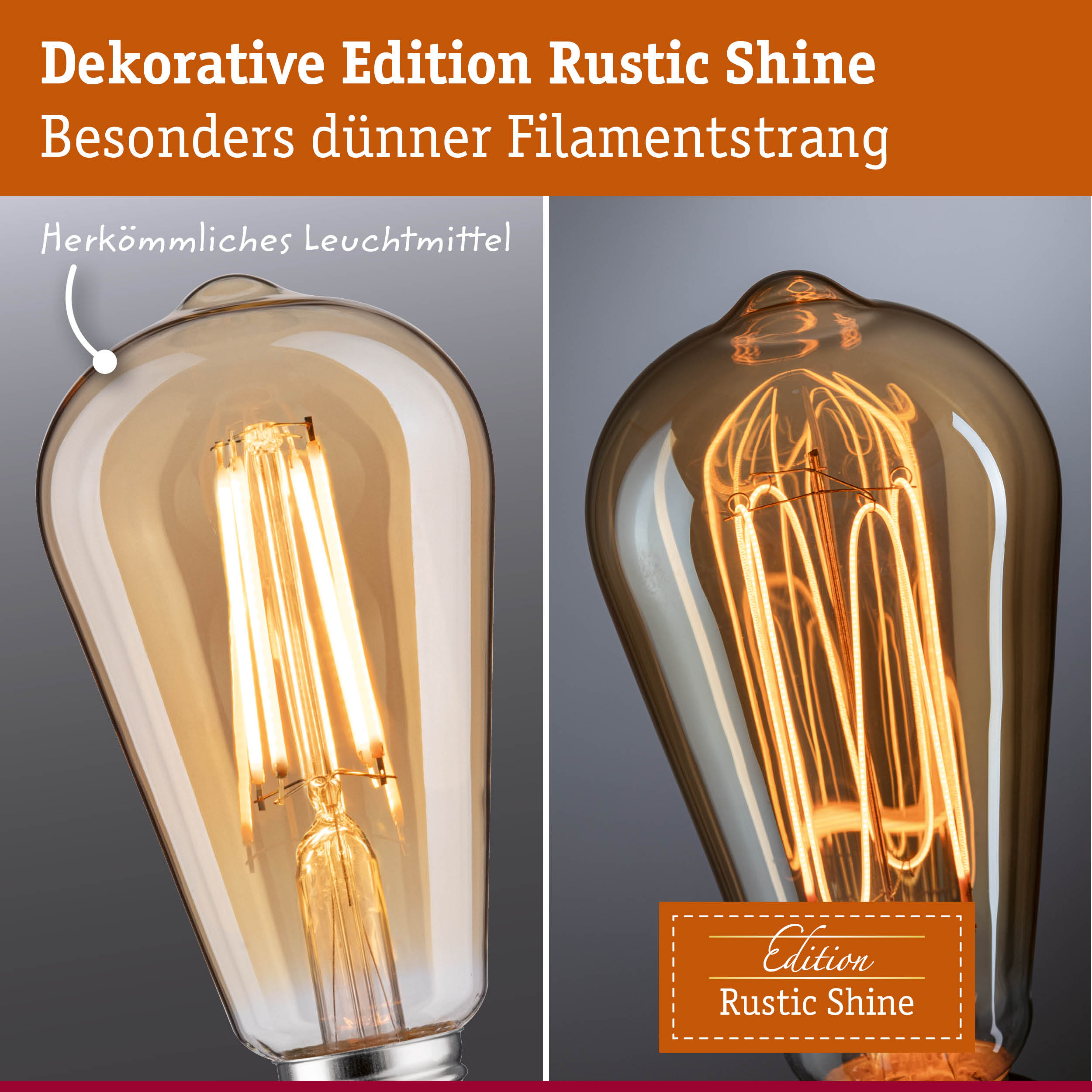 Vergleich zweier Glühbirnen mit herkömmlichem Leuchtmittel links und dünnem Rustic Shine Filament rechts.