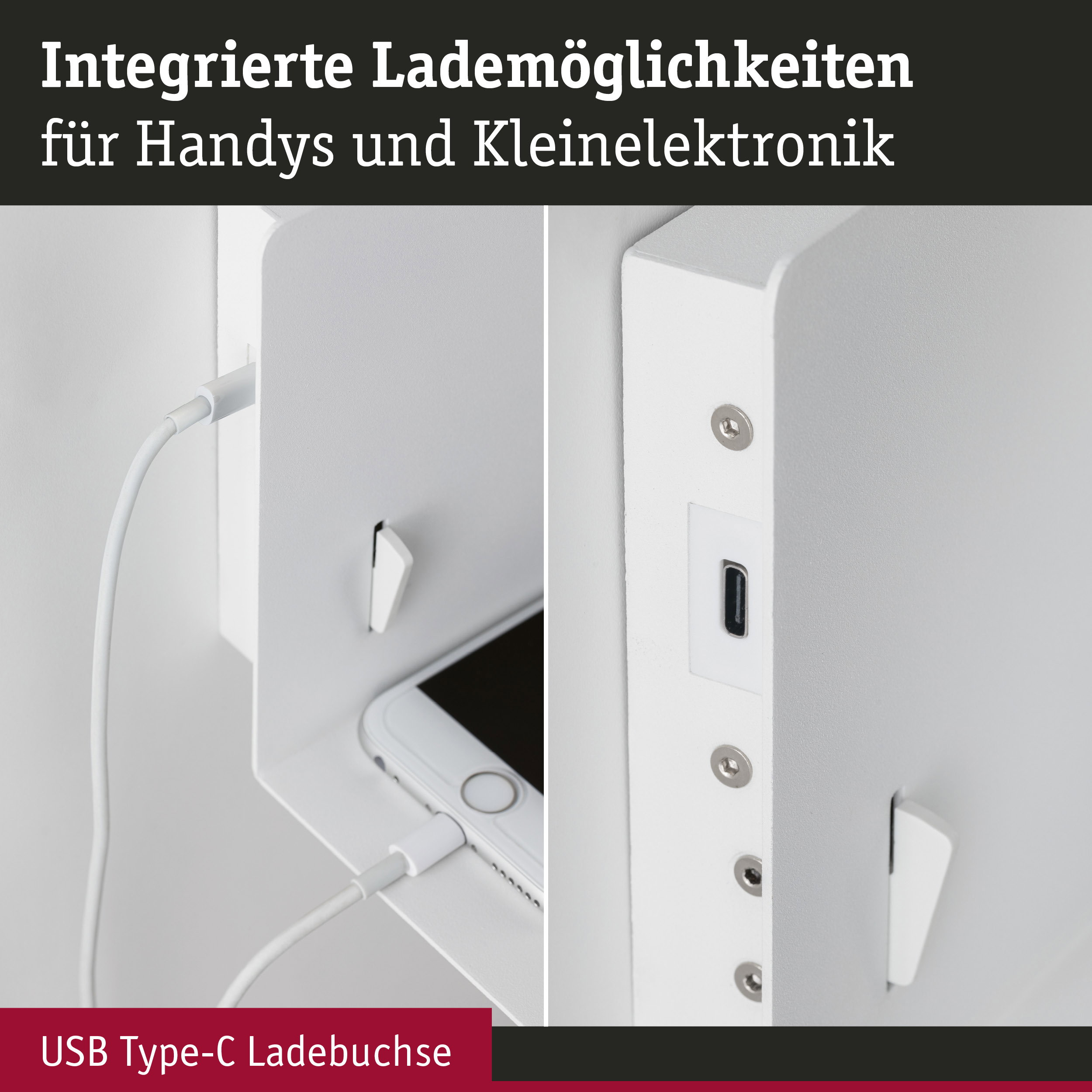 Zbliżenie białej stacji ładującej z portem USB-C i podłączonym smartfonem.