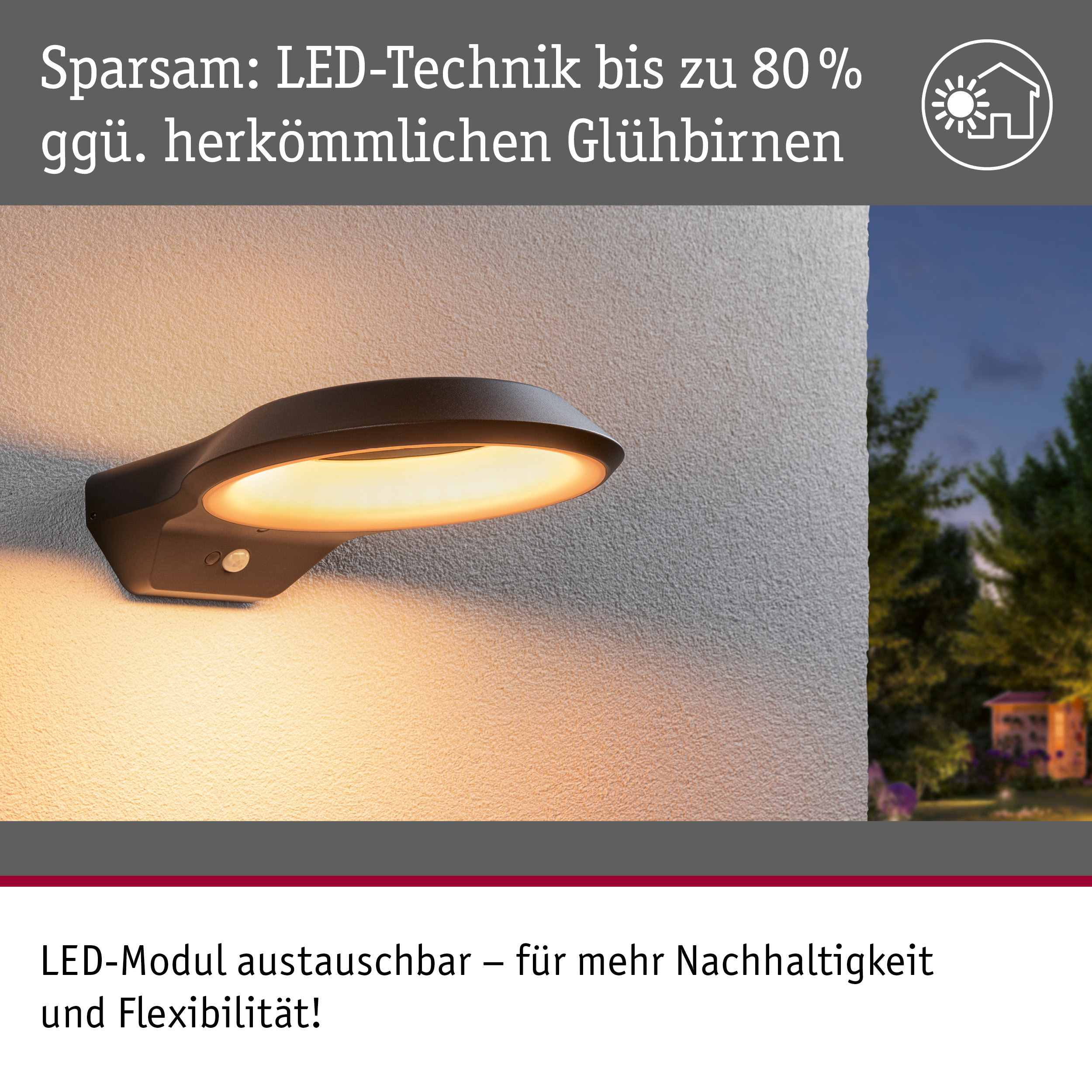 Moderne LED-Wandleuchte mit warmem Licht an einer grauen Außenwand, mit Text über Energieeffizienz.