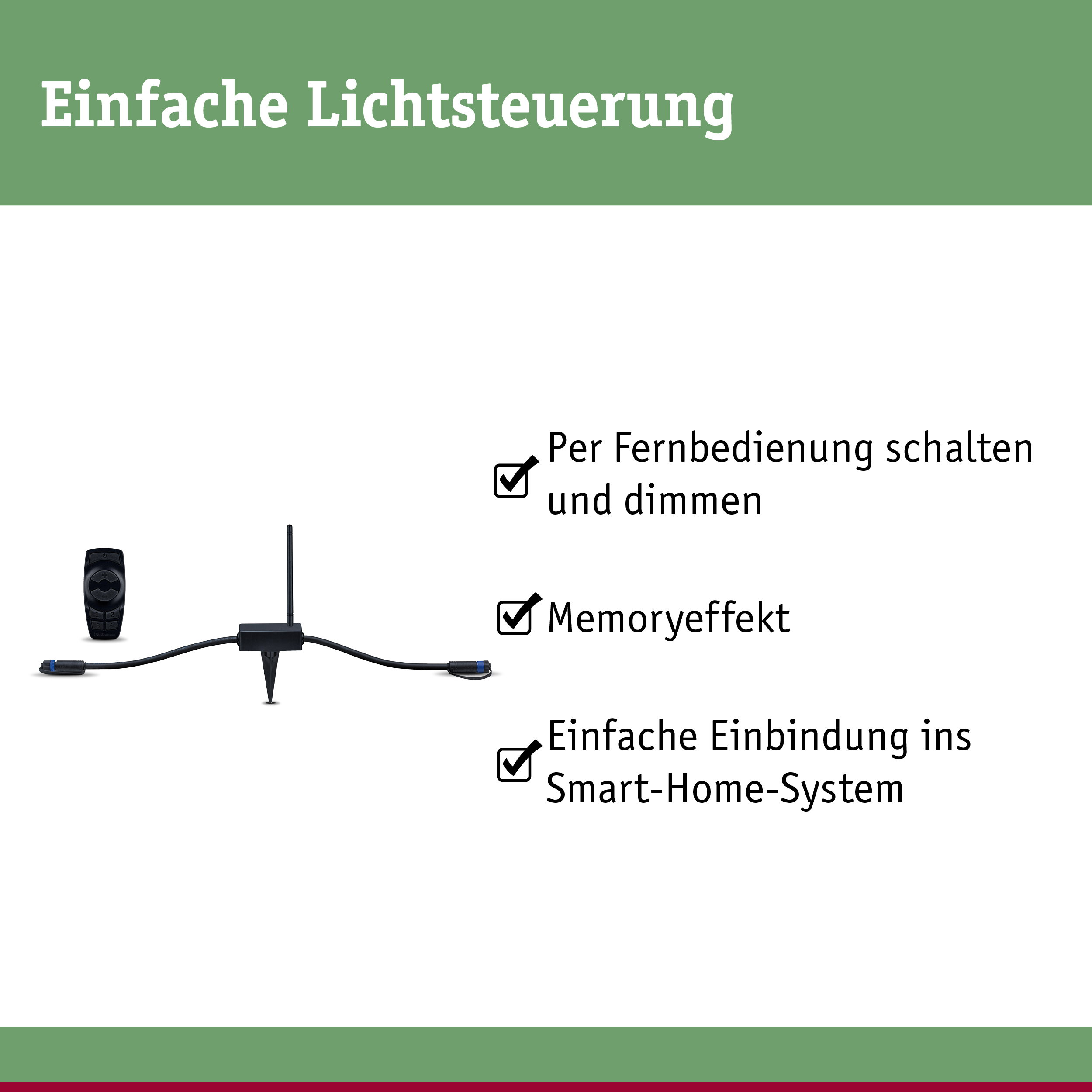 Das Bild zeigt eine schwarze Fernbedienung und Kabel mit einem Empfänger sowie Text über einfache Lichtsteuerung.