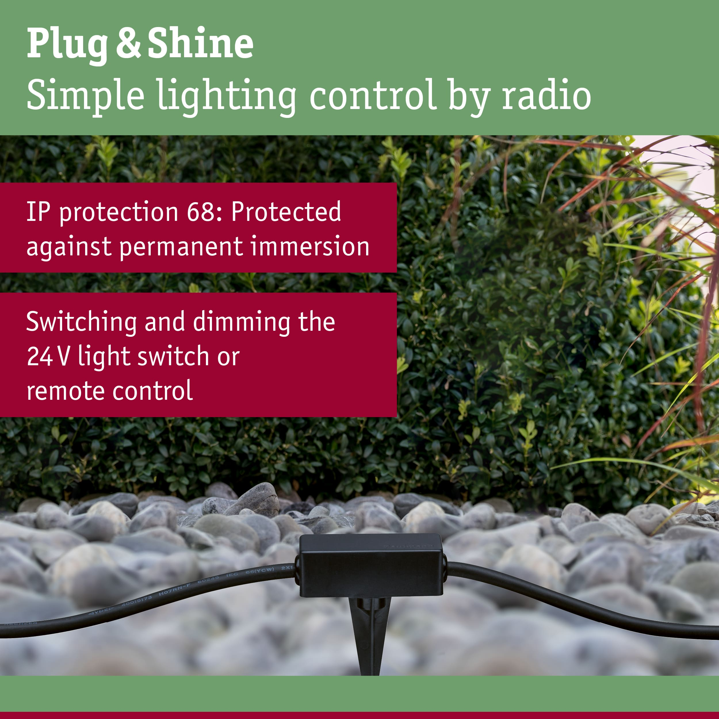Gartenbeleuchtung Plug & Shine mit IP68-Schutz, Funksteuerung und Textfeldern über Steinen.
