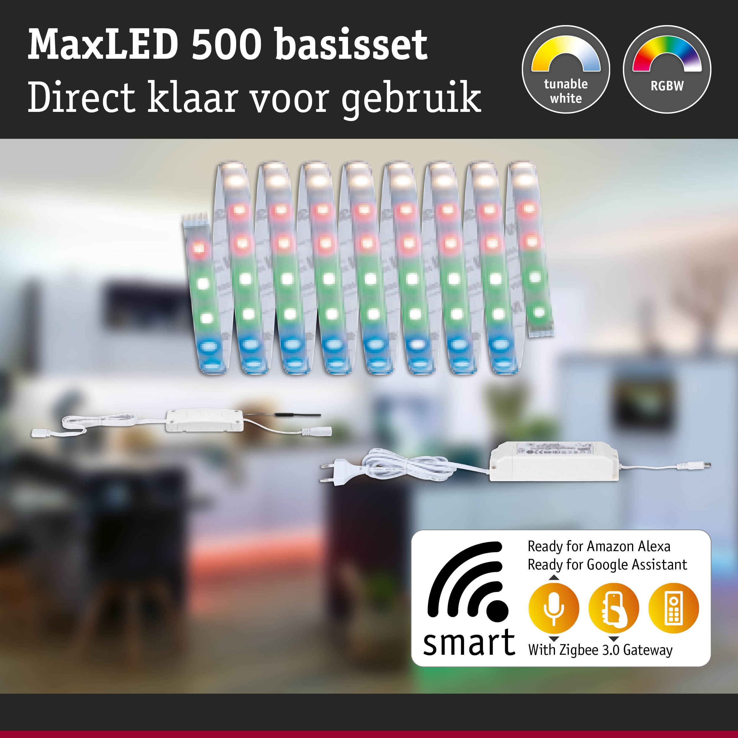 Zestaw podstawowy MaxLED 500 z taśmą LED, kontrolerem i zasilaczem, kompatybilny z Alexa i Google Assistant.