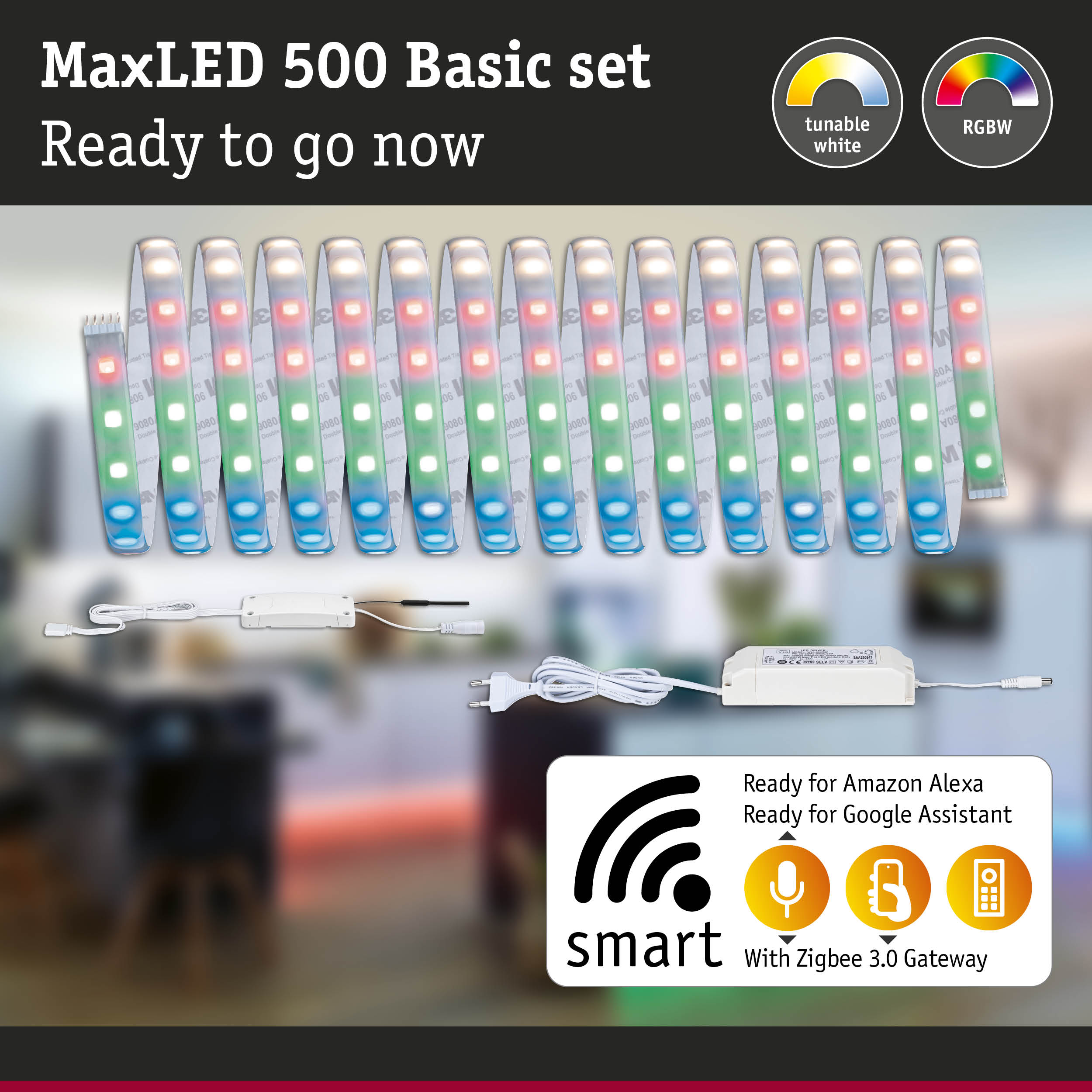 MaxLED 500 LED-Streifen Set mit tunable white, RGBW, und Smart-Home-Kompatibilität.
