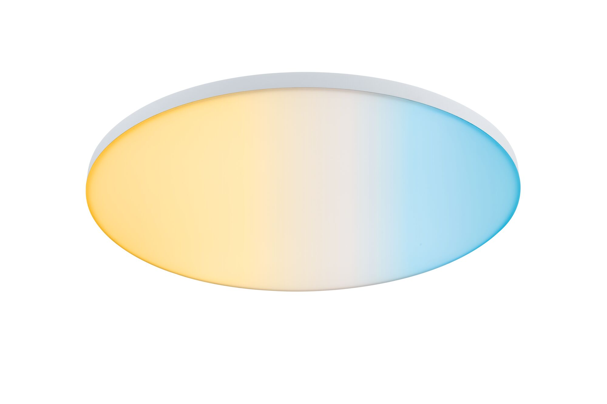 Runde LED-Deckenleuchte mit sanftem Farbverlauf von Gelb zu Blau gegen weissen Hintergrund.