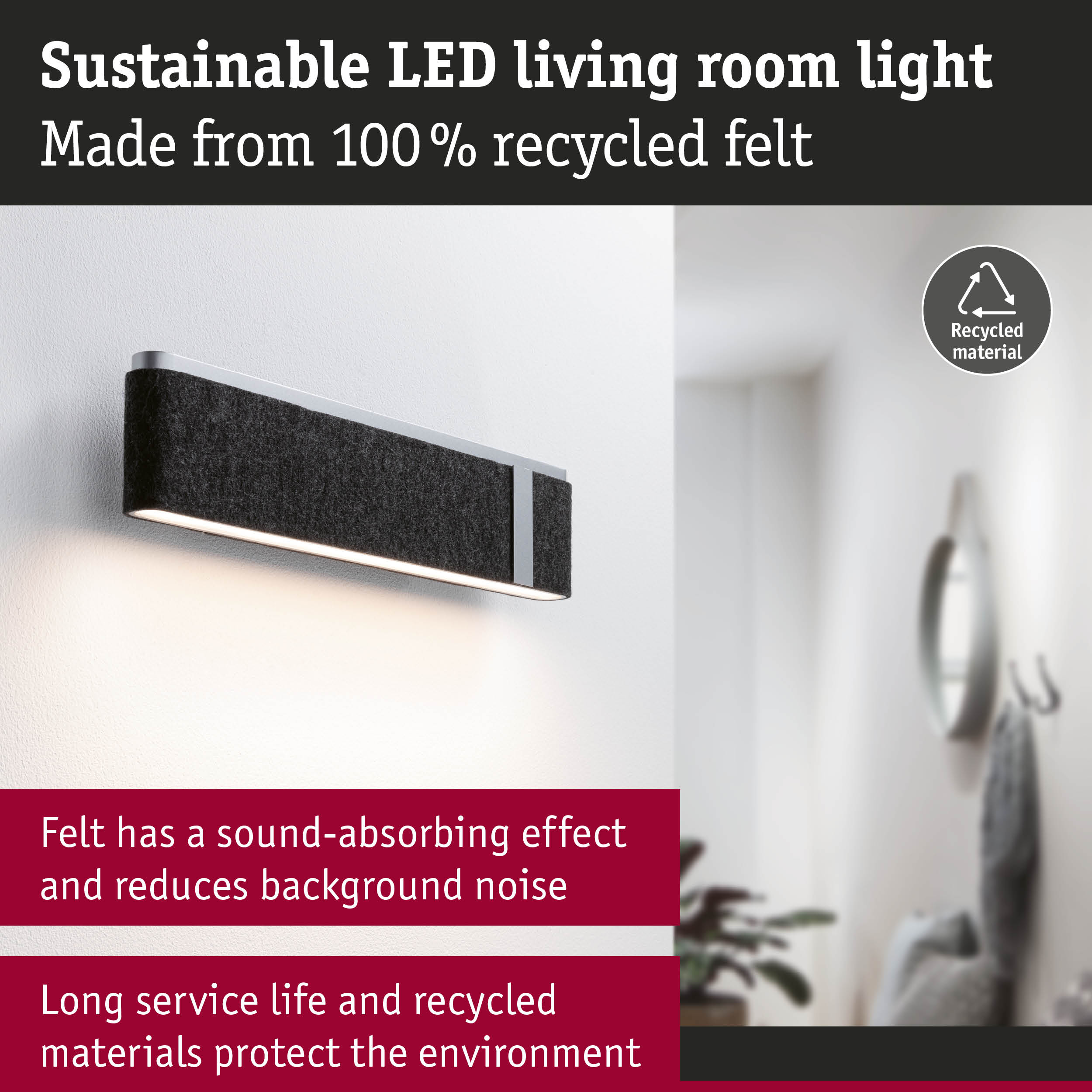 Czarna filcowa lampa ścienna LED na białej ścianie z materiałów z recyklingu.