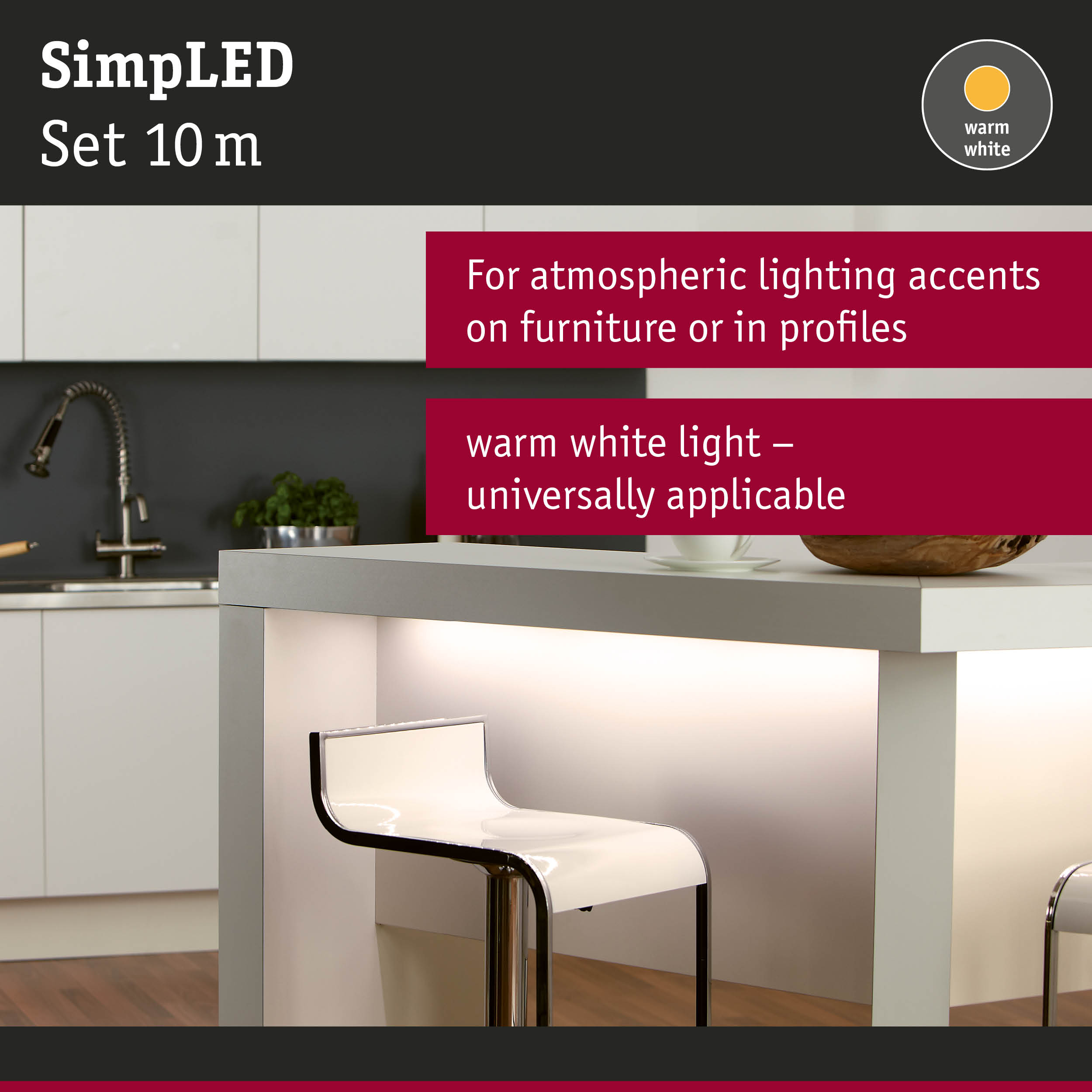 SimpLED-Set 10m für atmosphärische Akzente mit warmweißem Licht in einer modernen Küche.