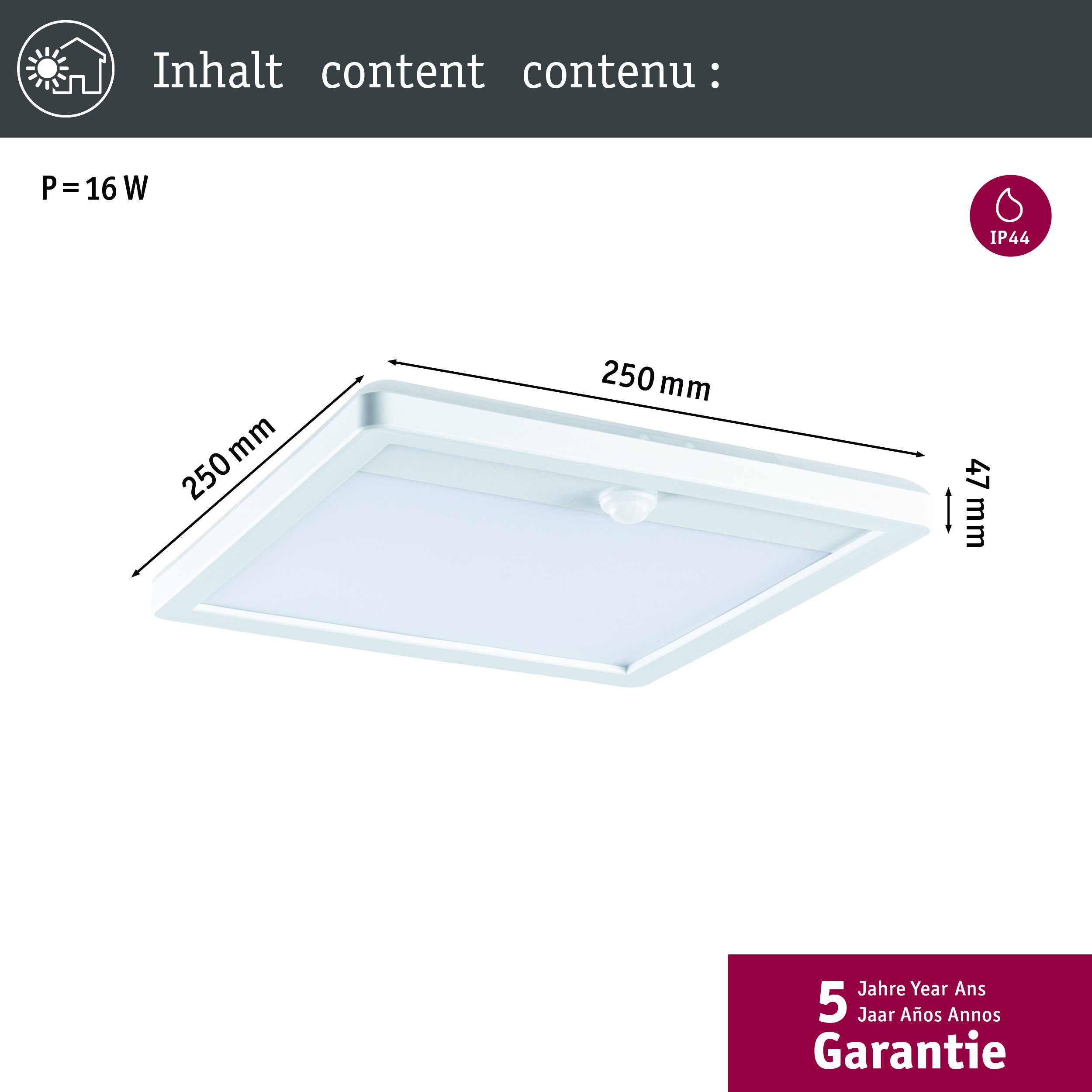 Technische Zeichnung einer quadratischen 16W LED-Leuchte mit Maßen 250x250x47 mm und 5 Jahren Garantie.