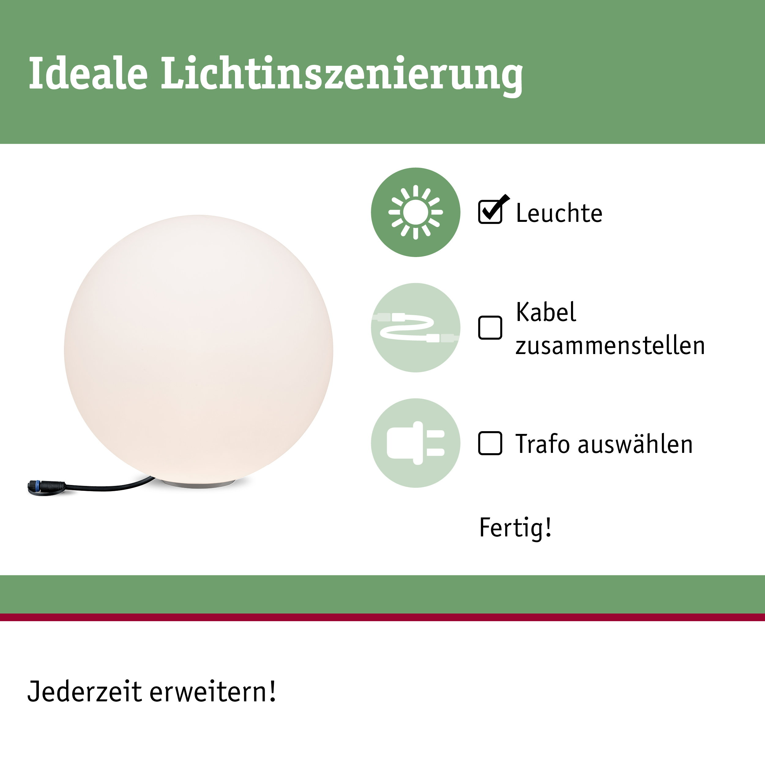 Biała lampa kulista z czarnym kablem oraz trzystopniowa grafika wyboru lampy, kabla i transformatora.